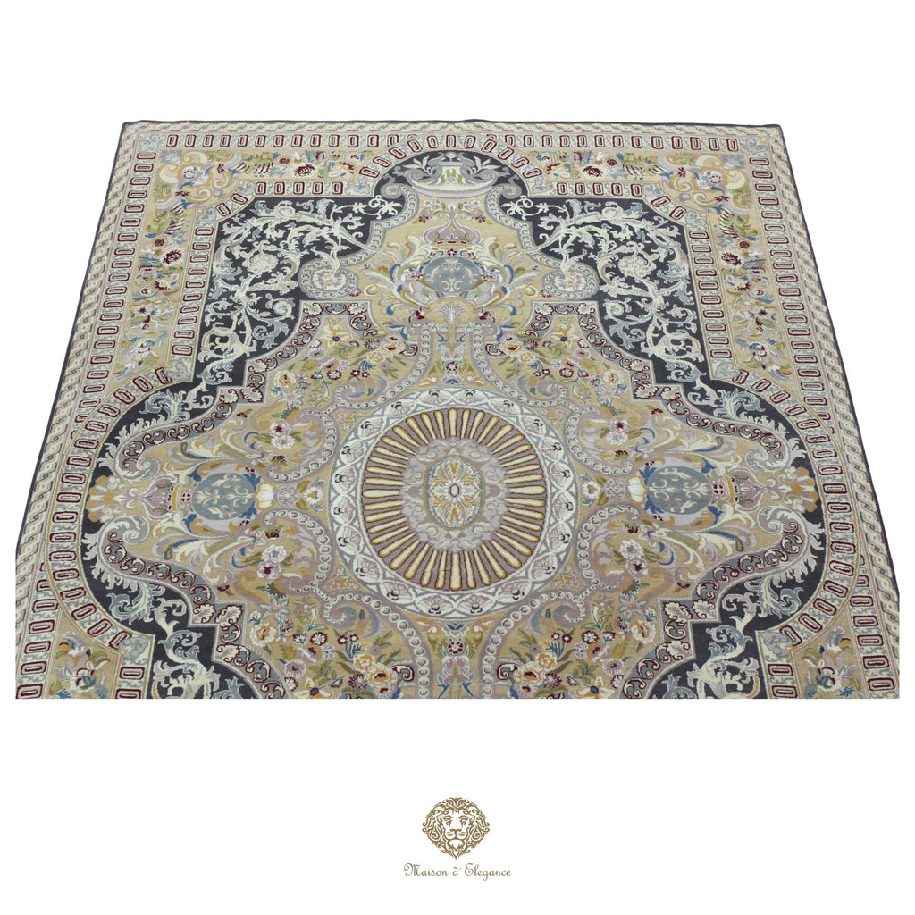 Decorative rug with intricate patterns on a navy background