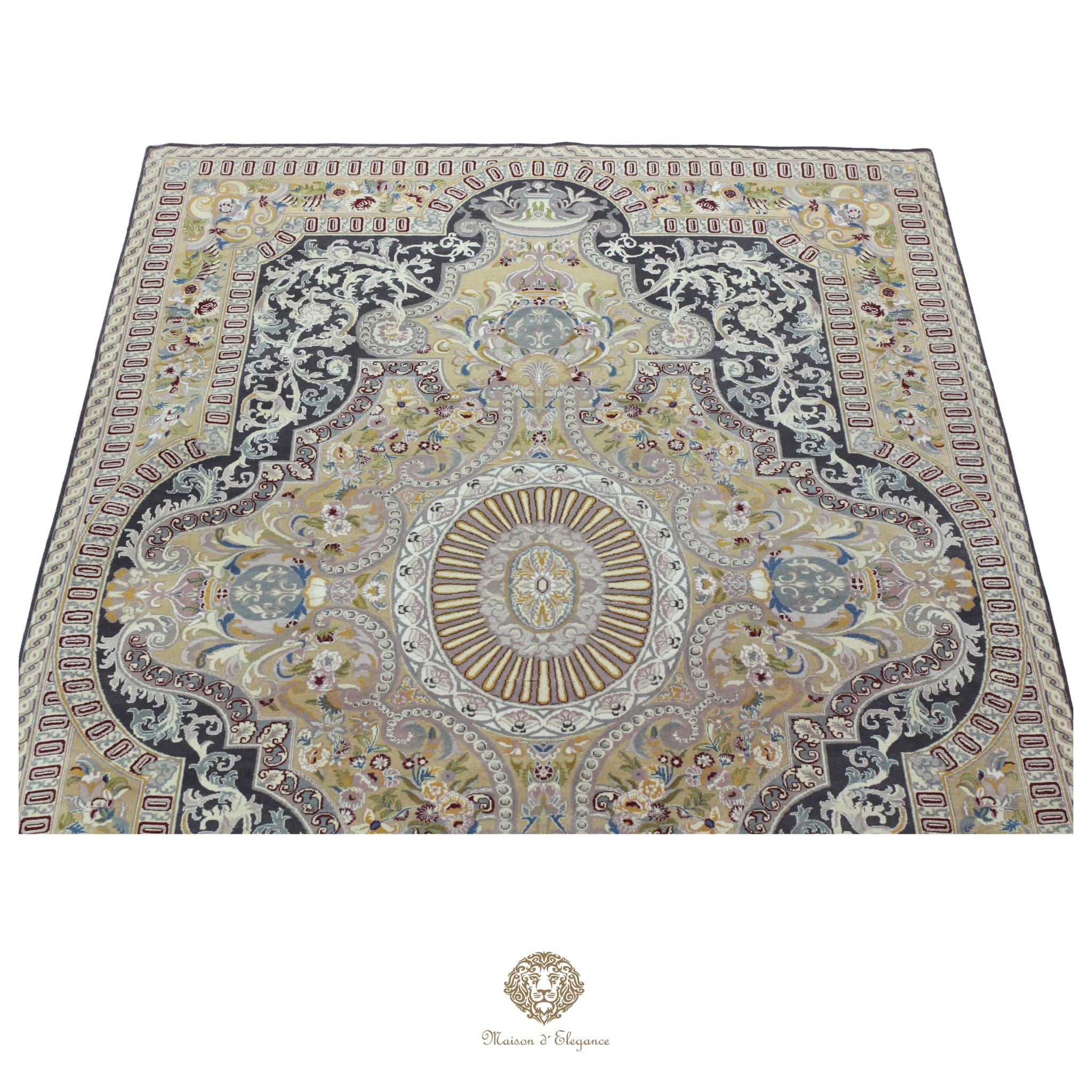 Decorative rug with intricate patterns on a navy background