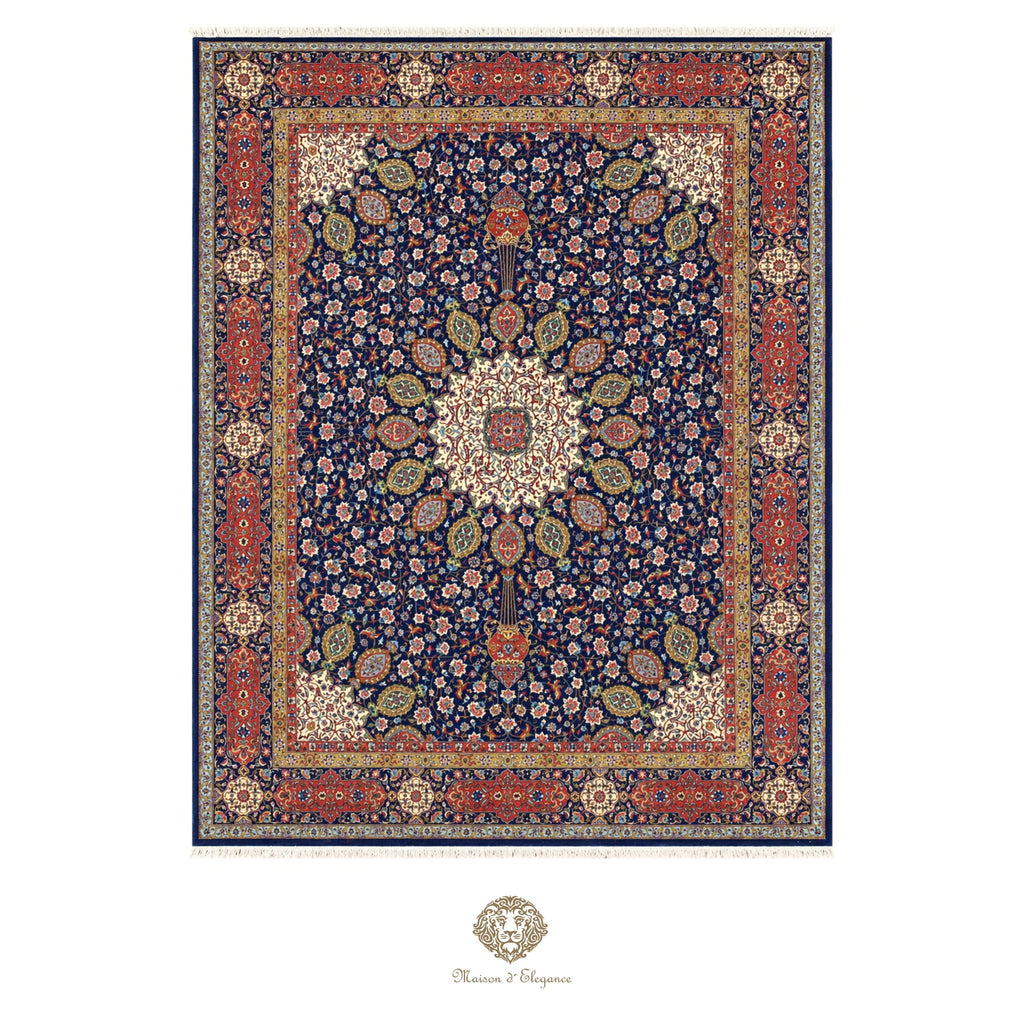 Decorative rug with intricate patterns on a navy background