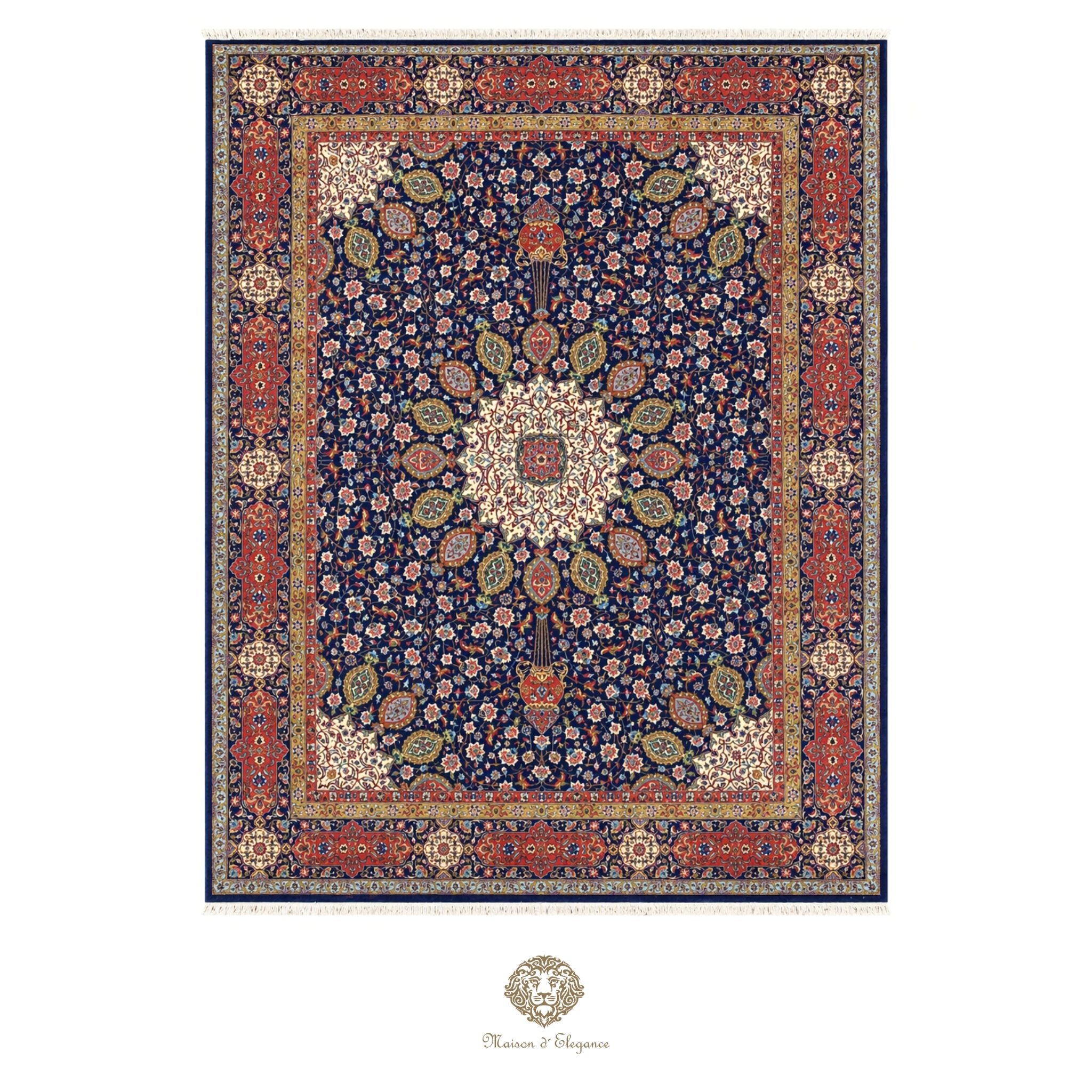 Decorative rug with intricate patterns on a navy background