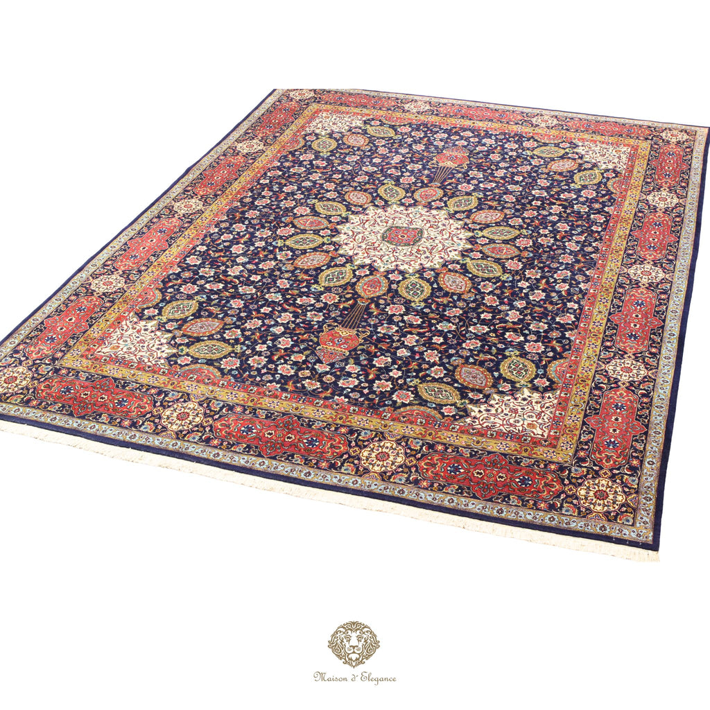 Decorative rug with intricate patterns on a navy background