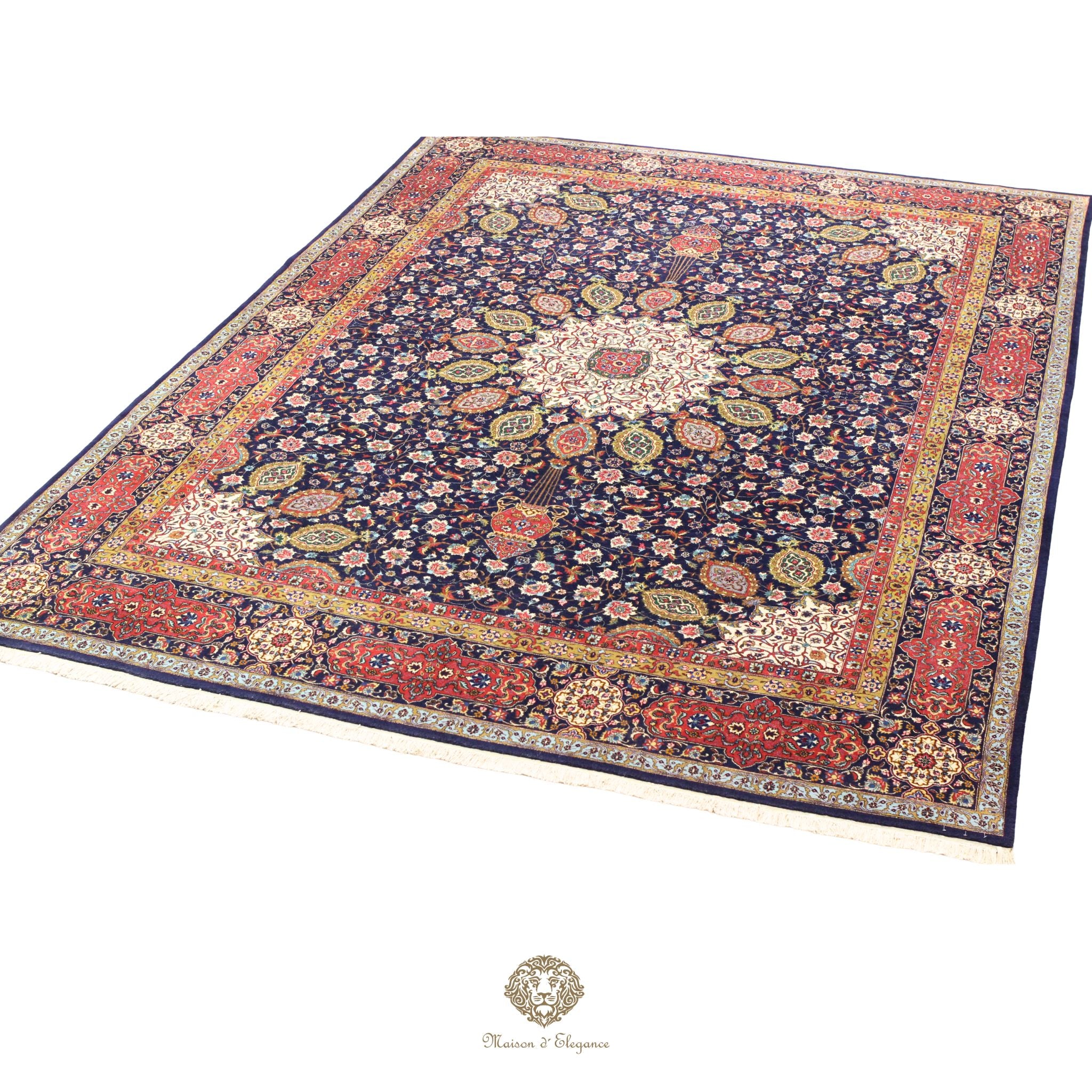 Decorative rug with intricate patterns on a navy background
