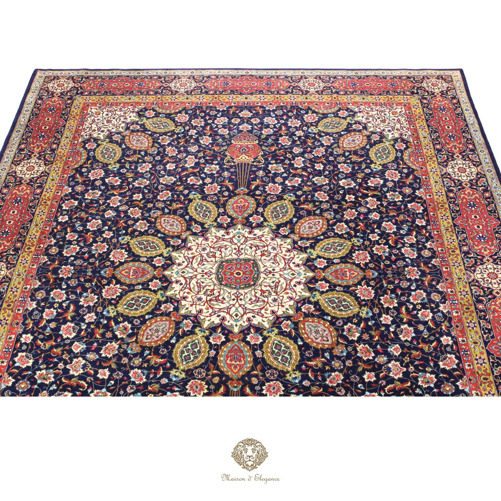 Decorative rug with intricate patterns on a navy background