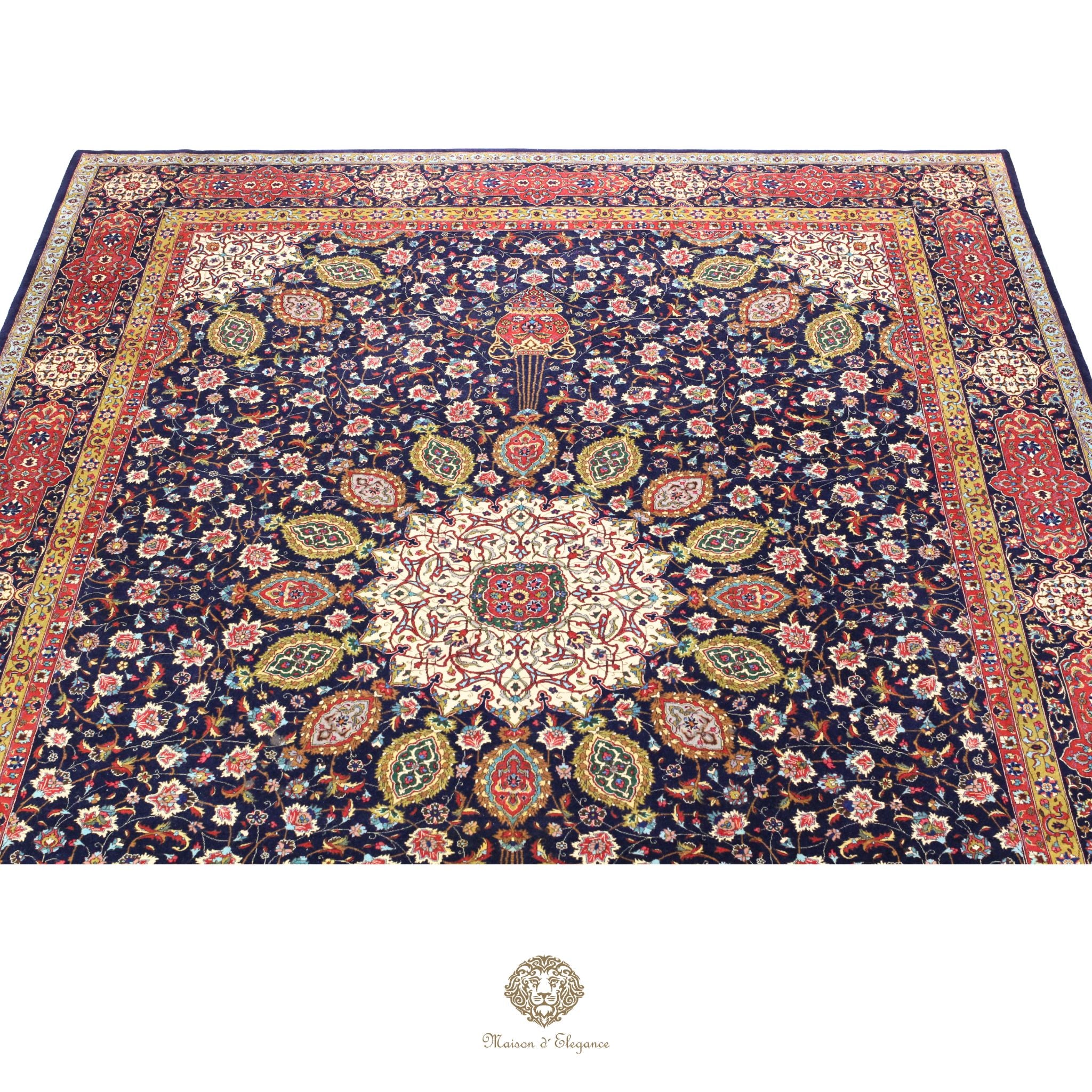 Decorative rug with intricate patterns on a navy background