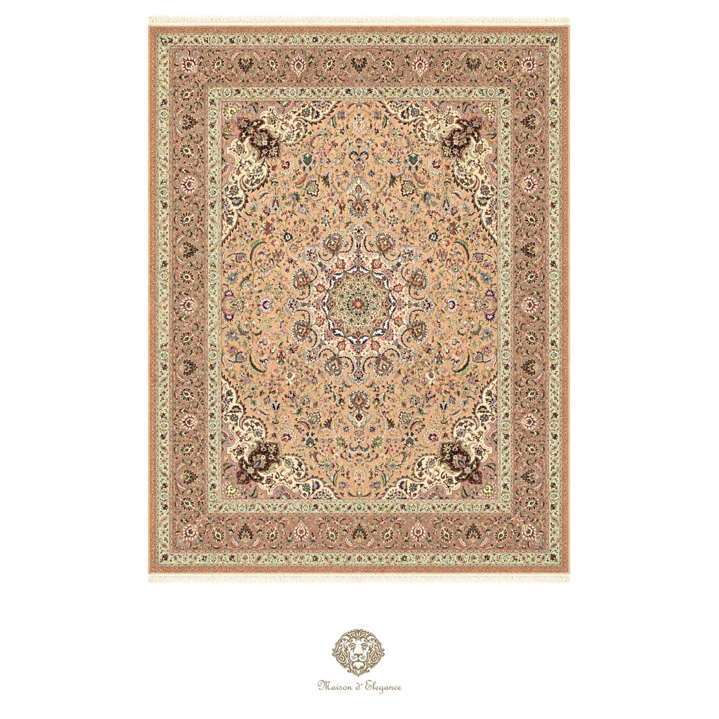 Decorative rug with intricate patterns on a ivory background