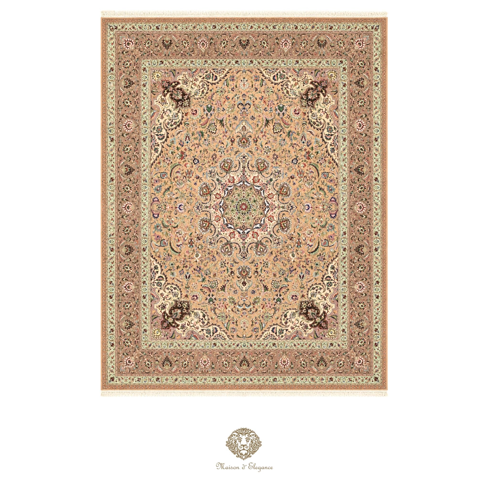 Decorative rug with intricate patterns on a ivory background