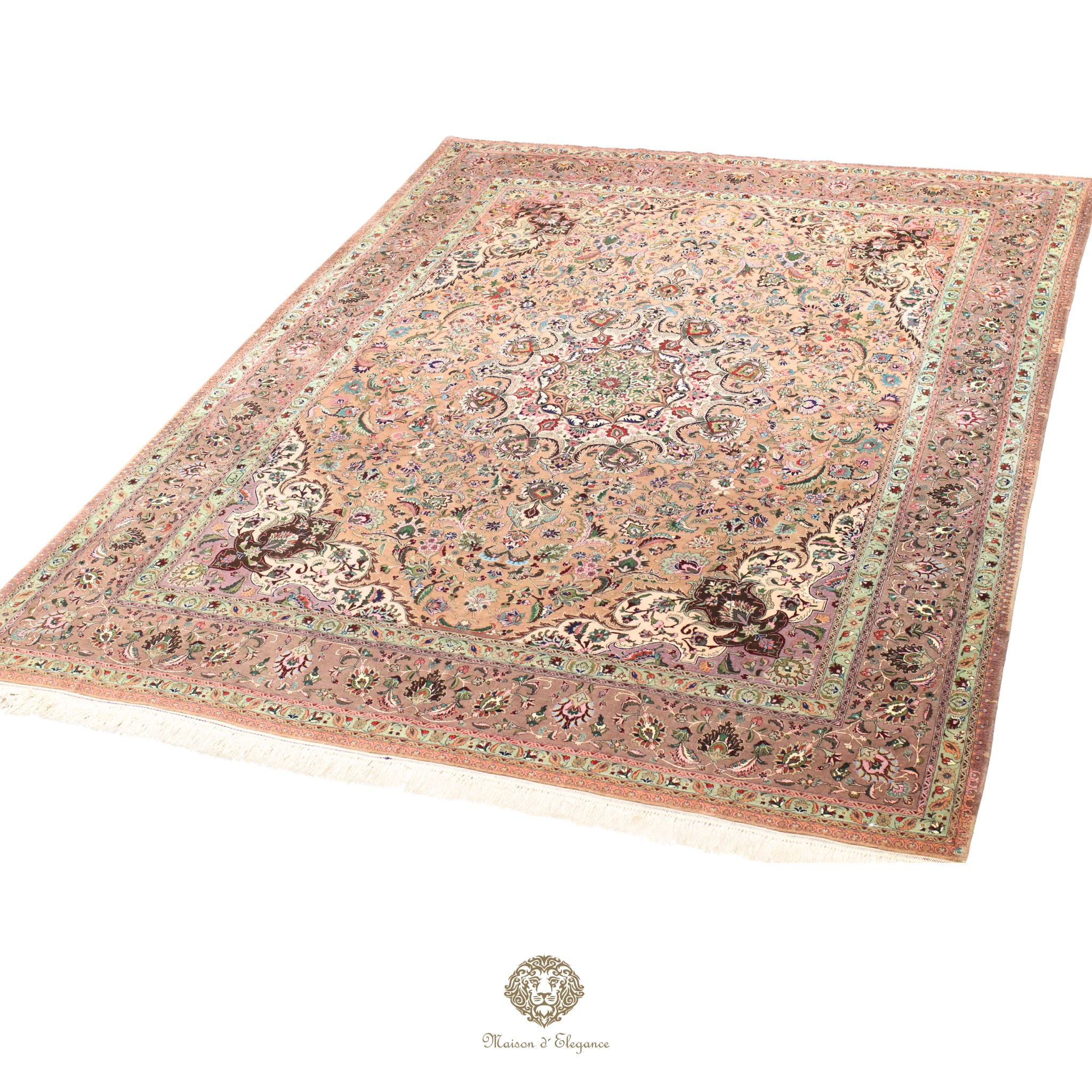 Decorative rug with intricate patterns on a ivory background