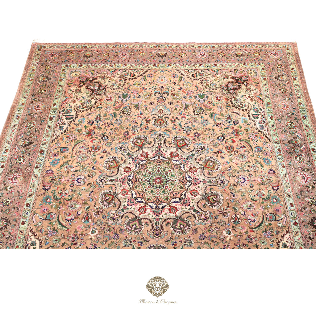 Decorative rug with intricate patterns on a ivory background