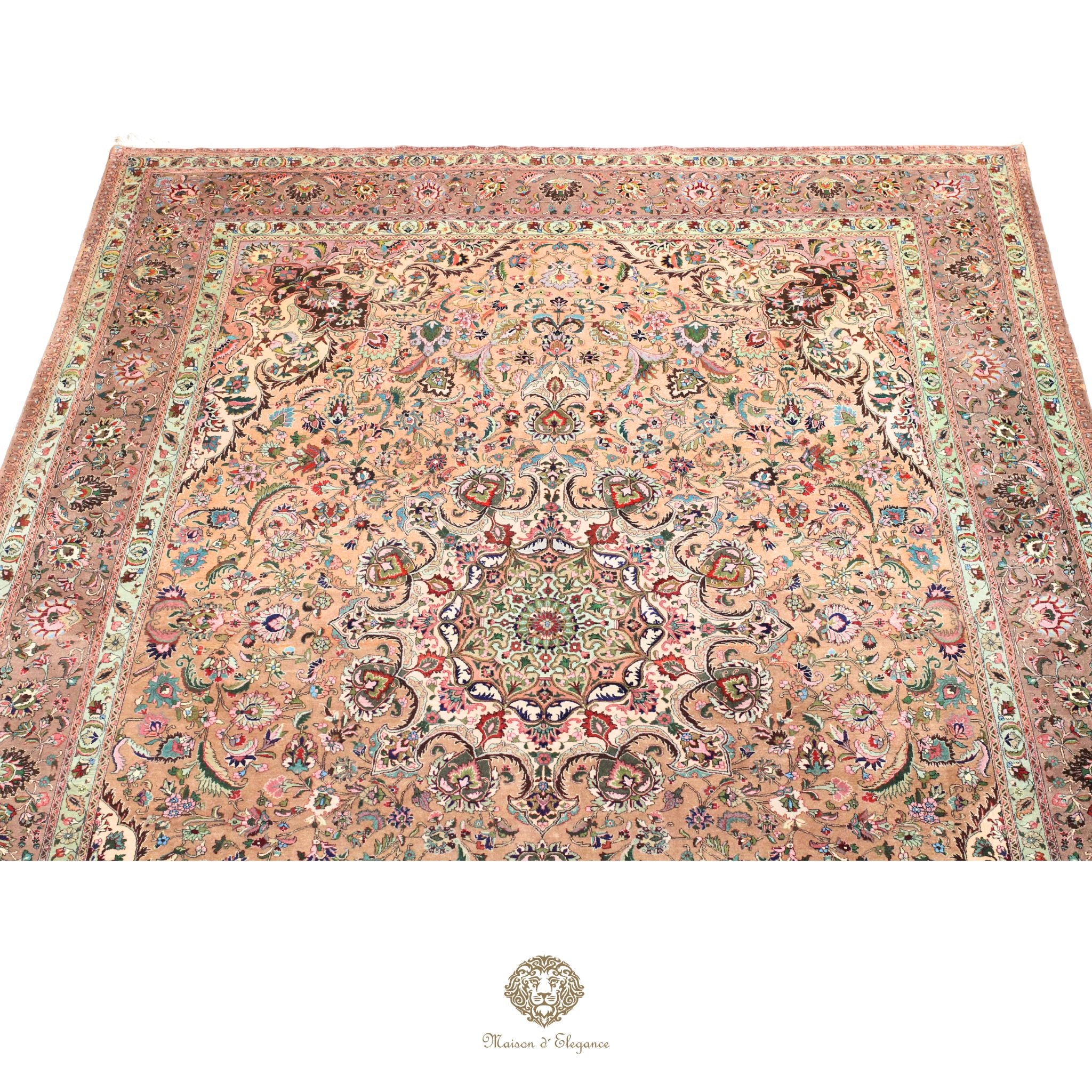 Decorative rug with intricate patterns on a ivory background