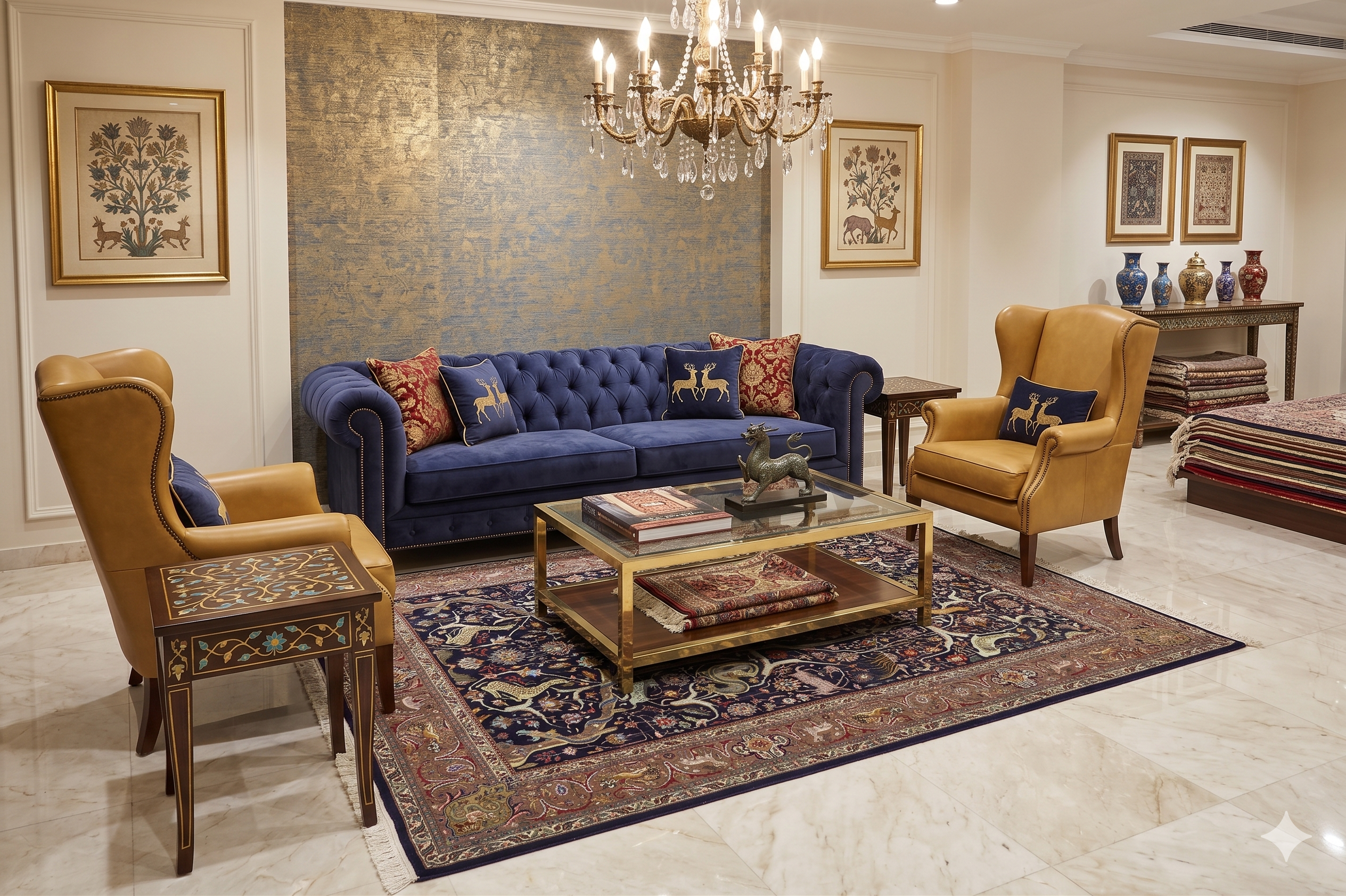 Luxurious living room with blue sofa, brown armchairs, and decorative elements.