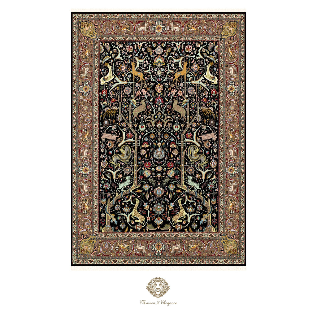 Decorative rug with intricate patterns on a navy background