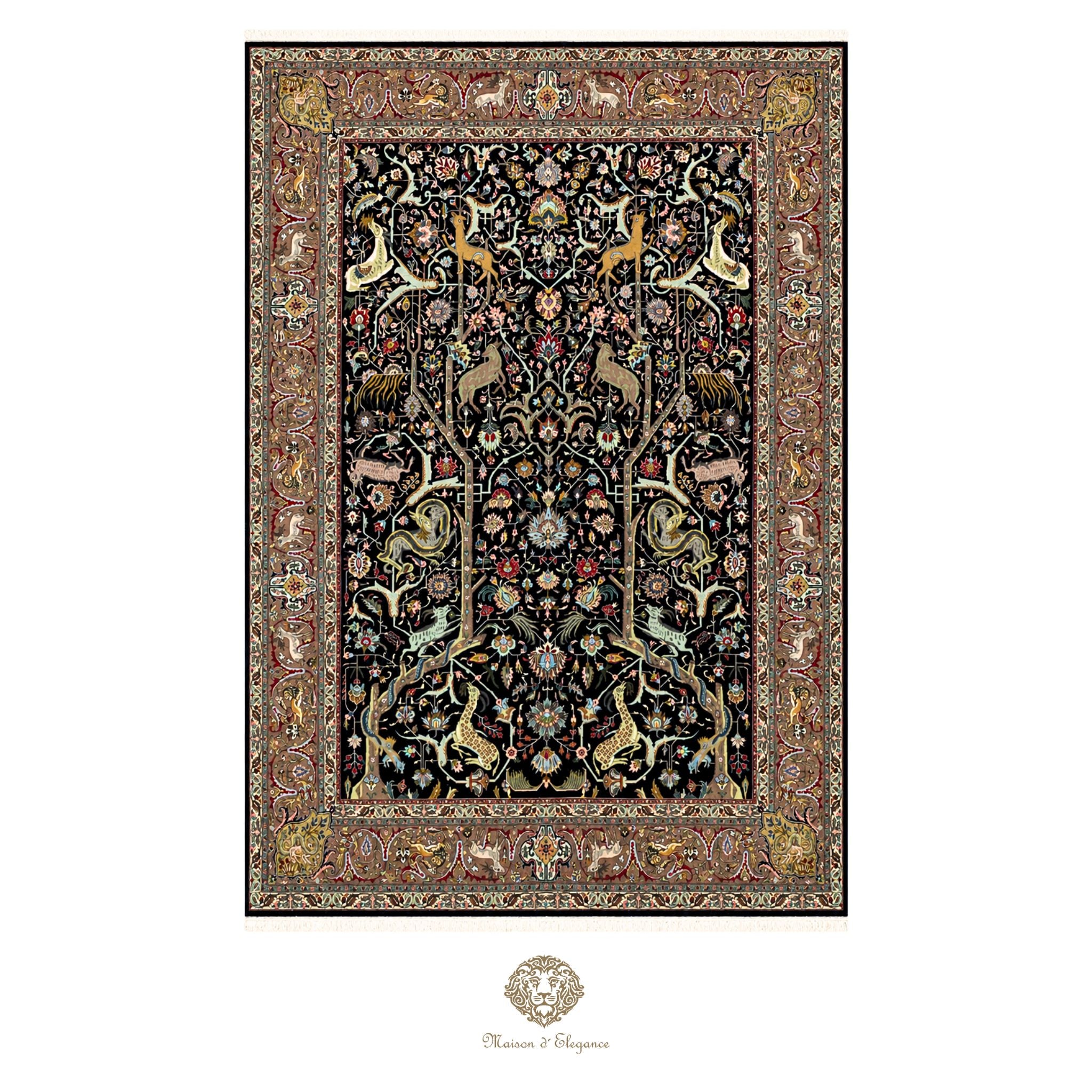 Decorative rug with intricate patterns on a navy background