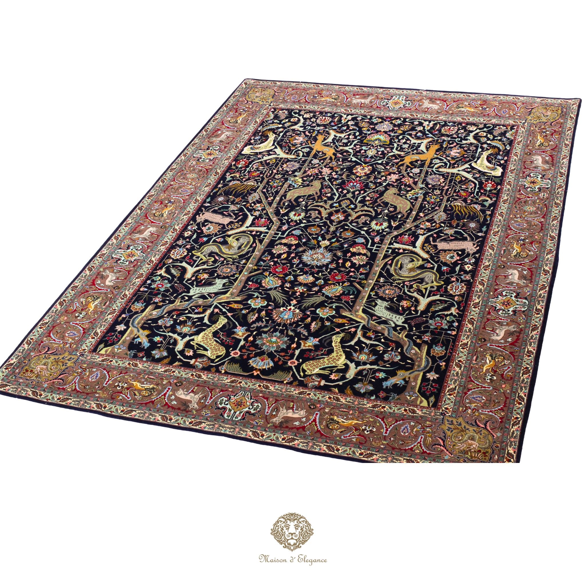 Decorative rug with intricate patterns on a navy background