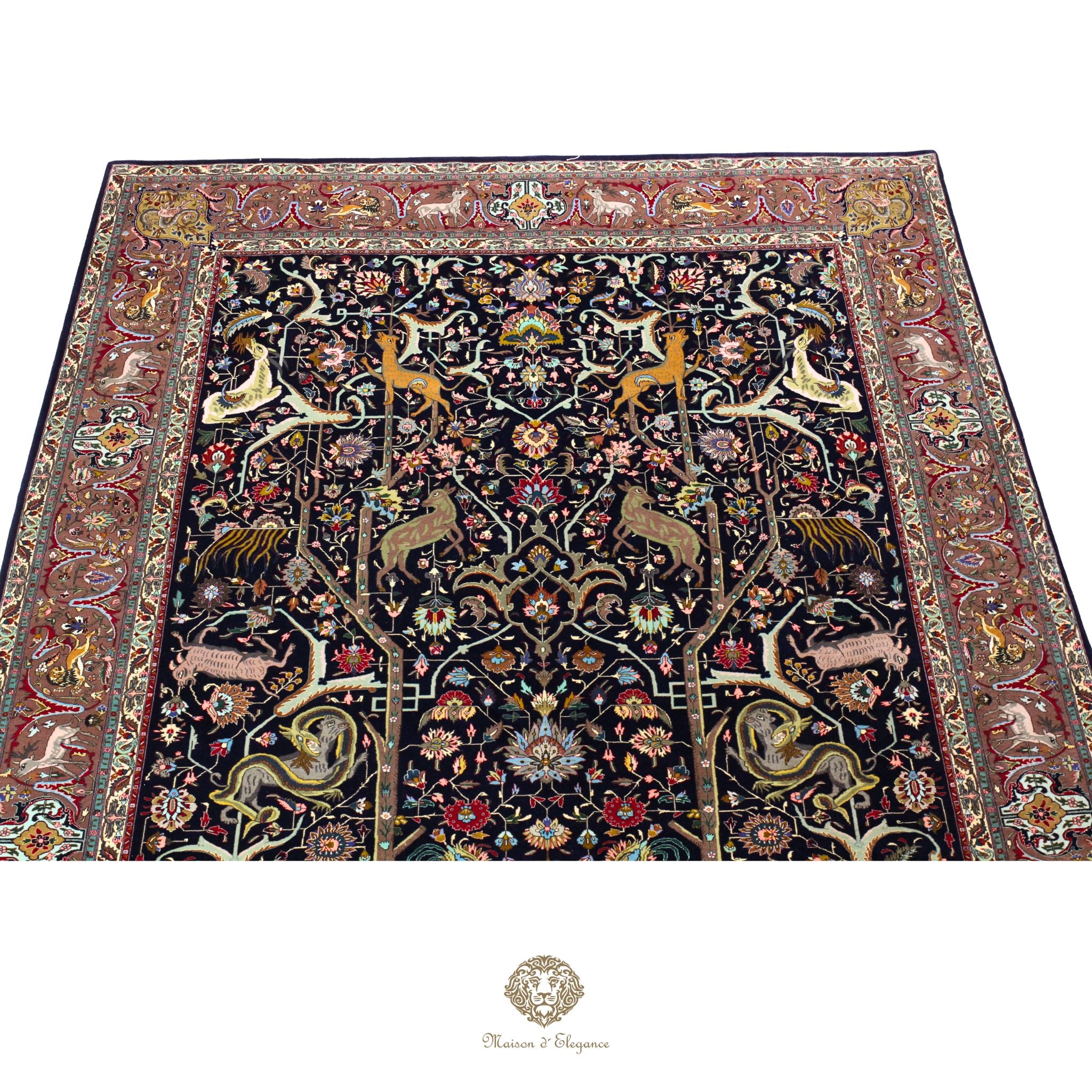 Decorative rug with intricate patterns and colors on a navy background