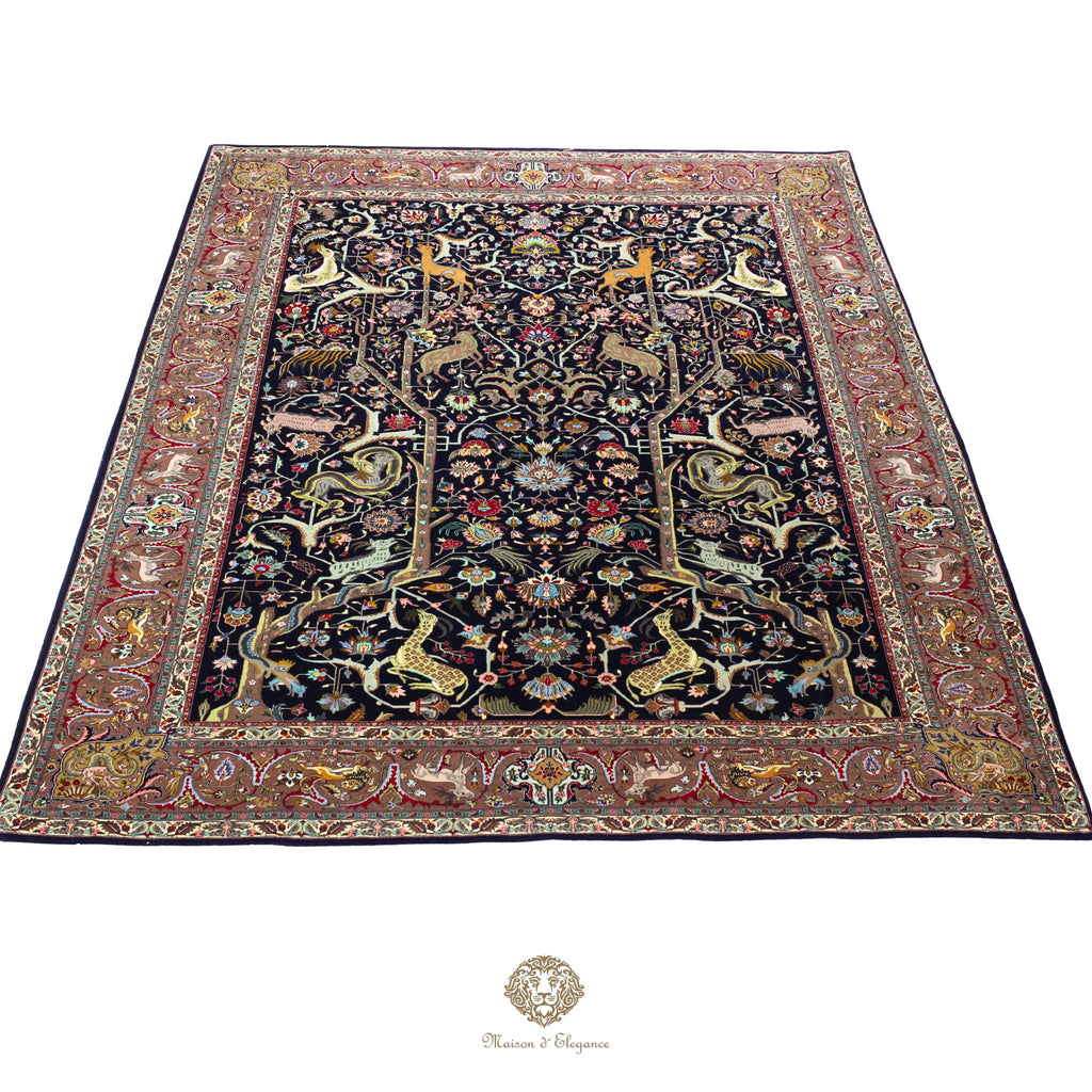 Decorative rug with intricate patterns on a navy background