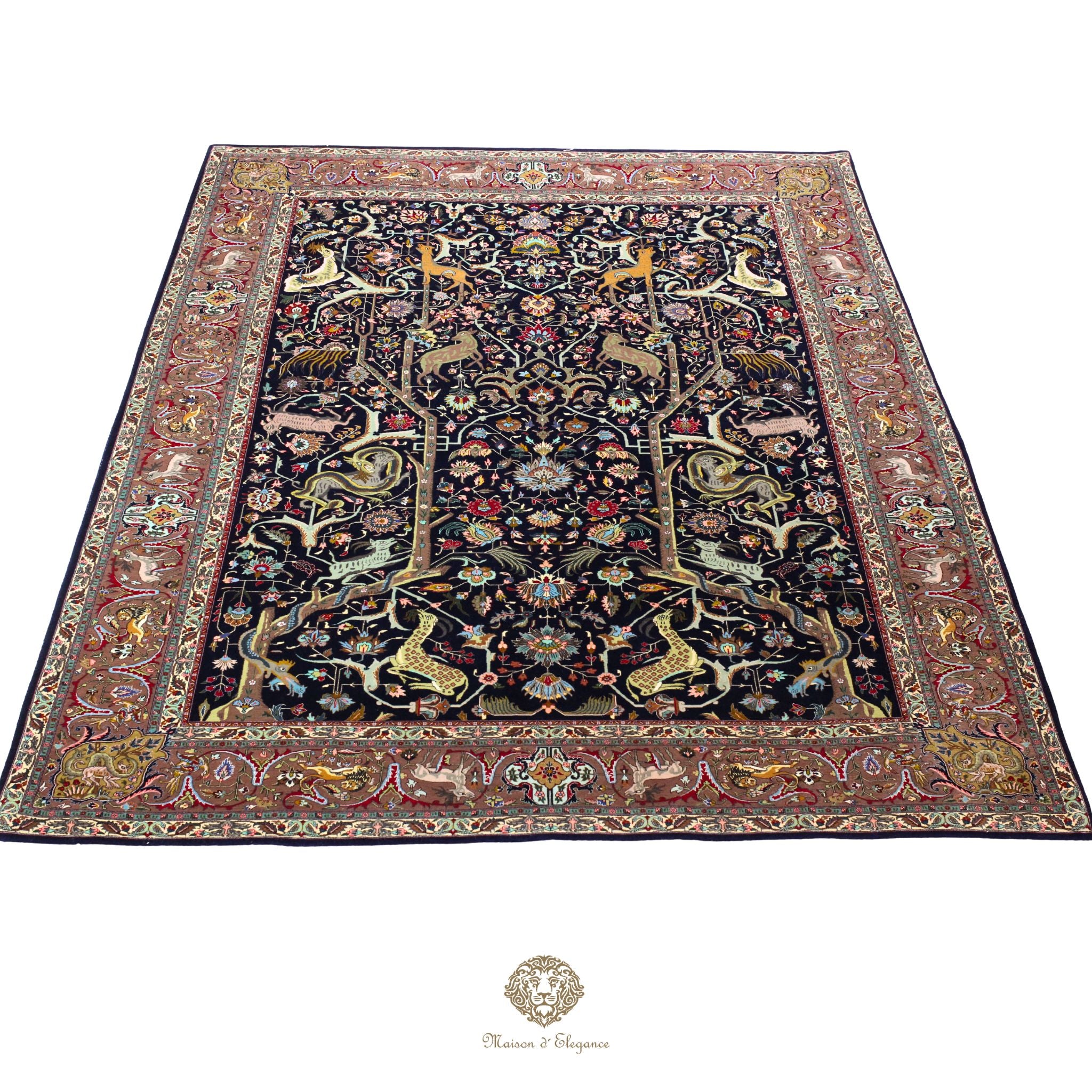 Decorative rug with intricate patterns on a navy background