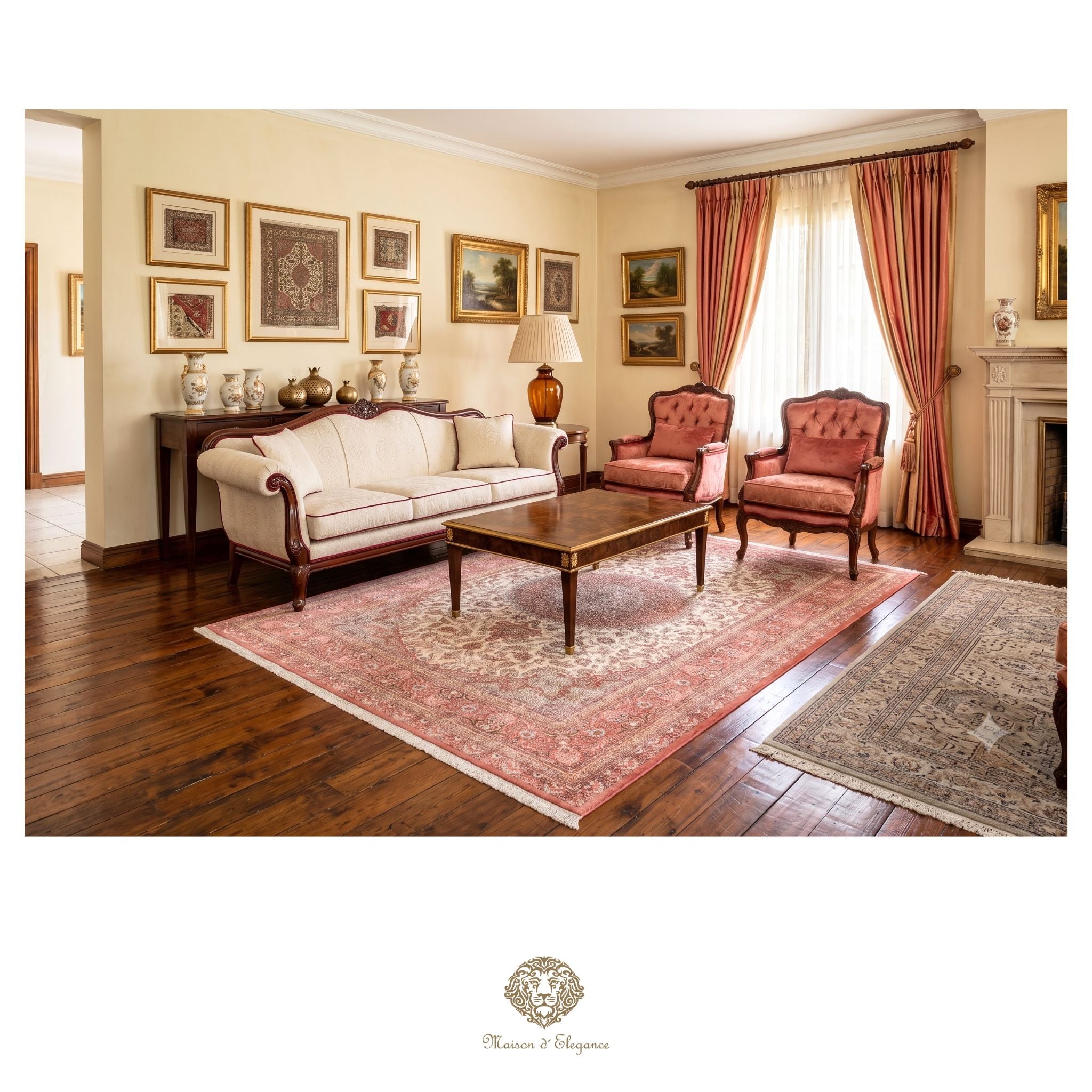 Living room with classic furniture and decor, featuring a sofa, chairs, and a coffee table.