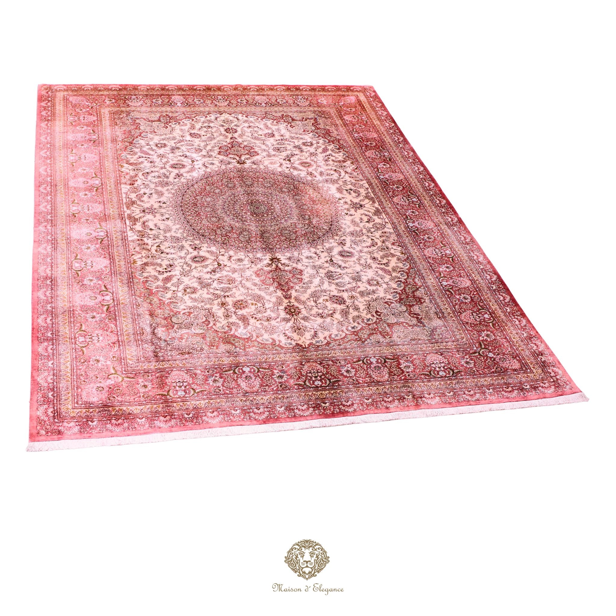 Decorative red and beige patterned rug on a white background