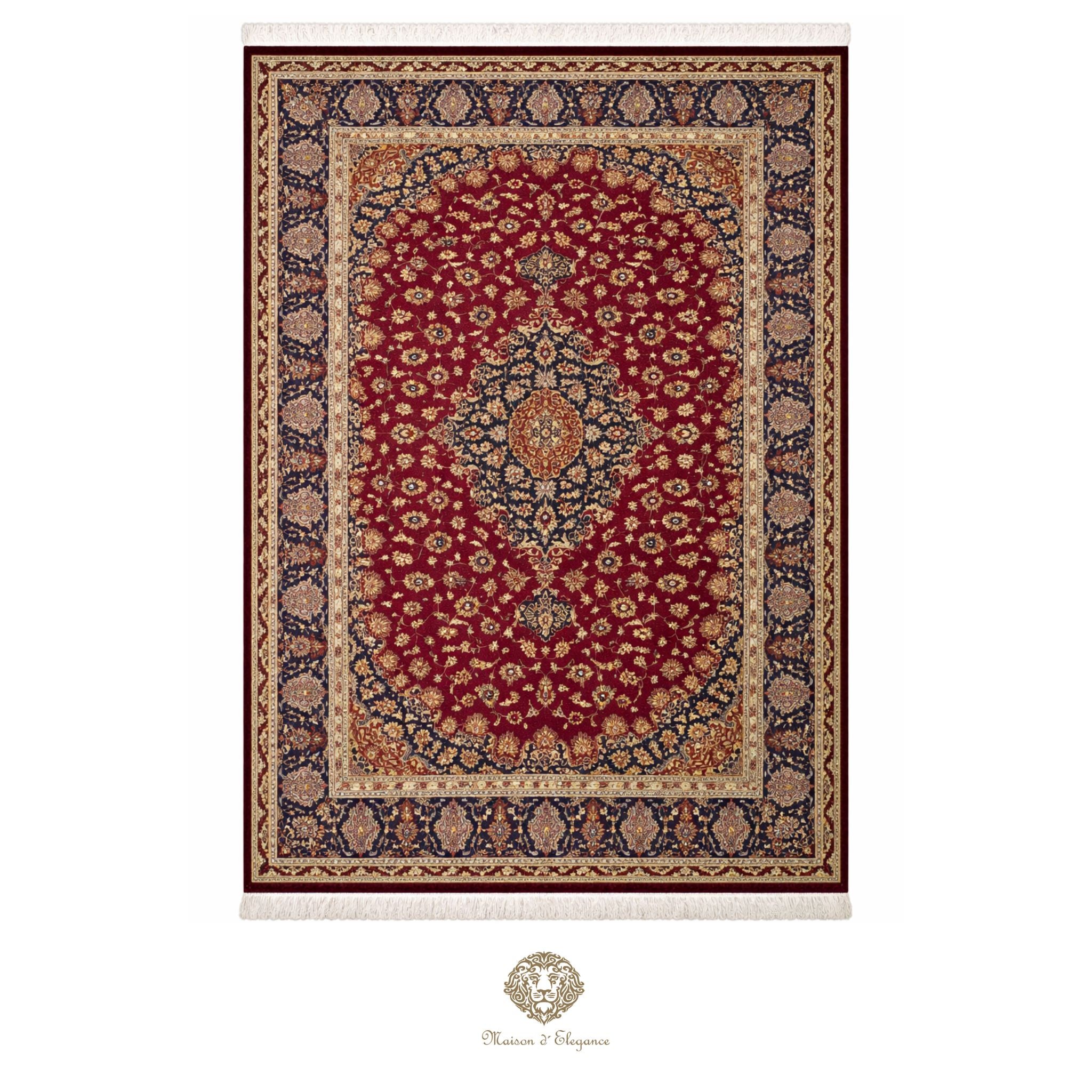 Decorative rug with intricate patterns on a red background
