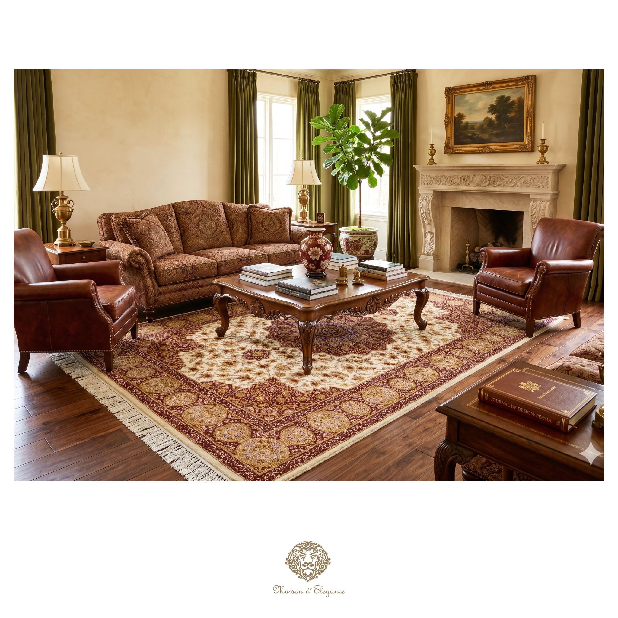 Luxurious living room with brown sofa, leather chairs, and a fireplace.