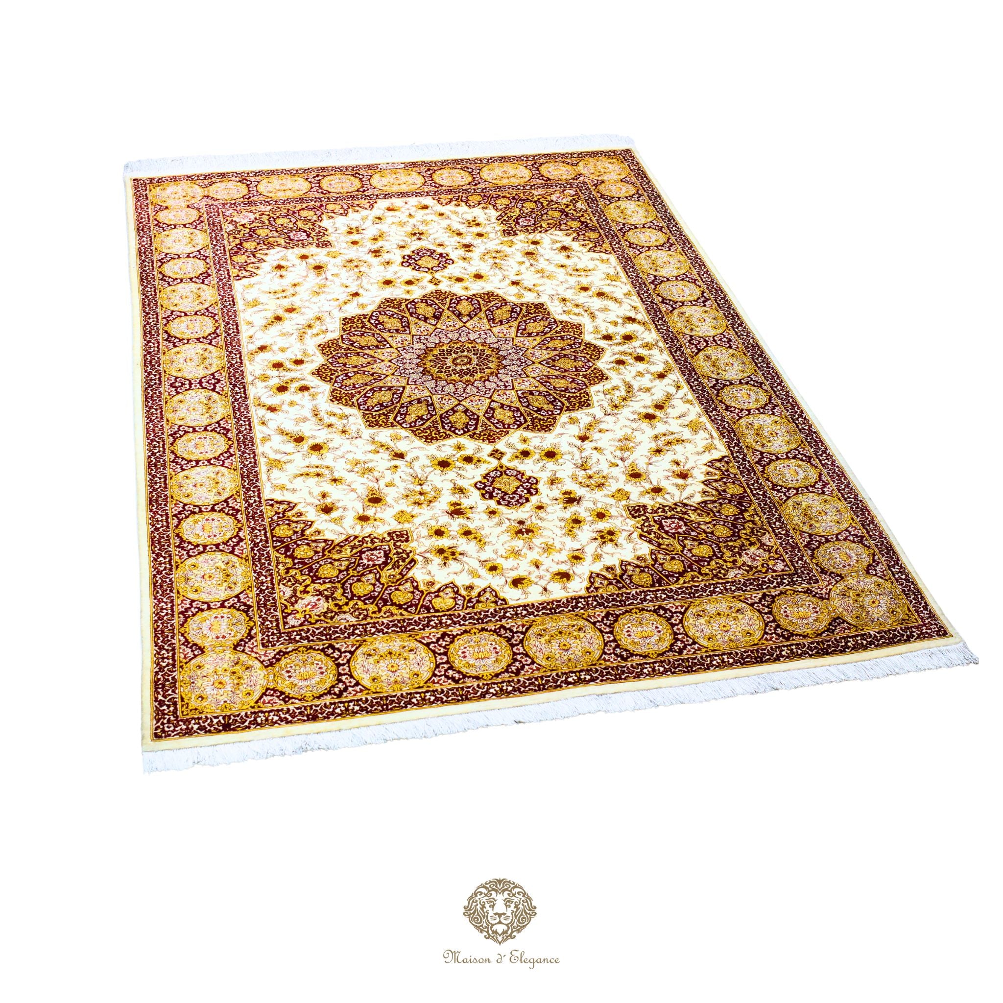 Decorative rug with intricate patterns on a white background