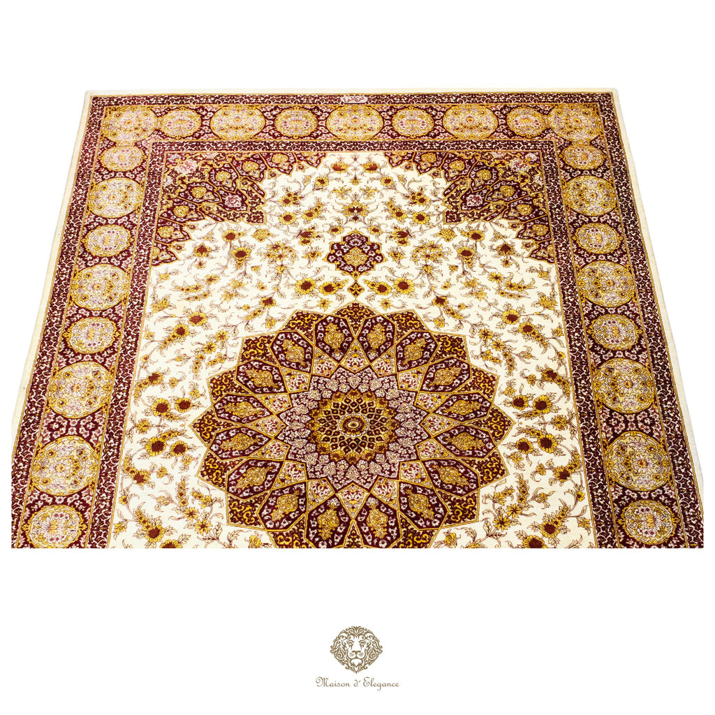 Decorative rug with intricate patterns on a white background