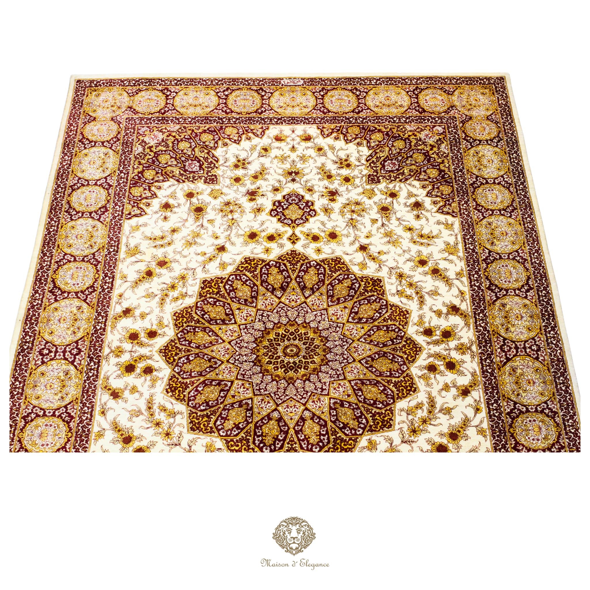 Decorative rug with intricate patterns on a white background