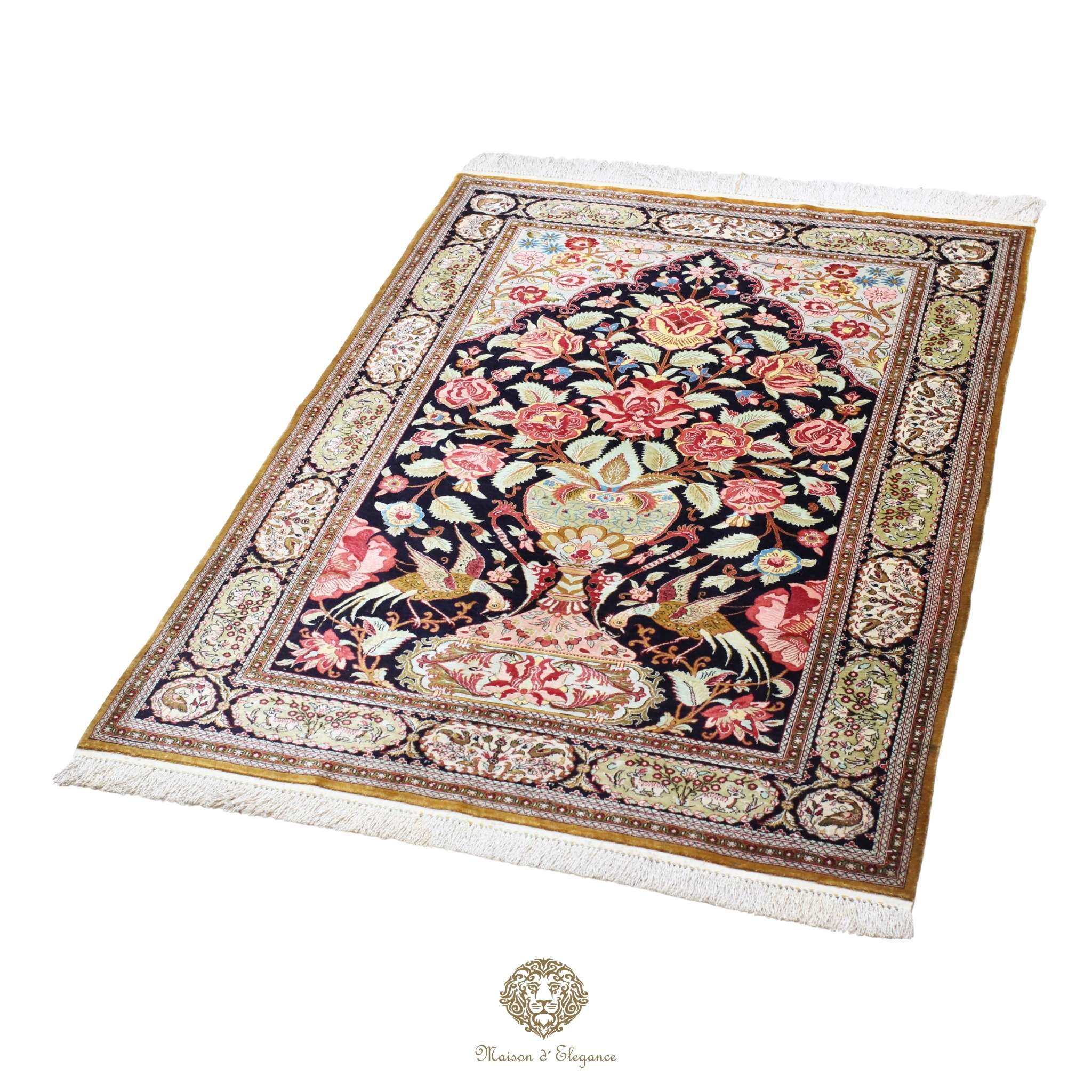 Decorative rug with floral patterns on a black background