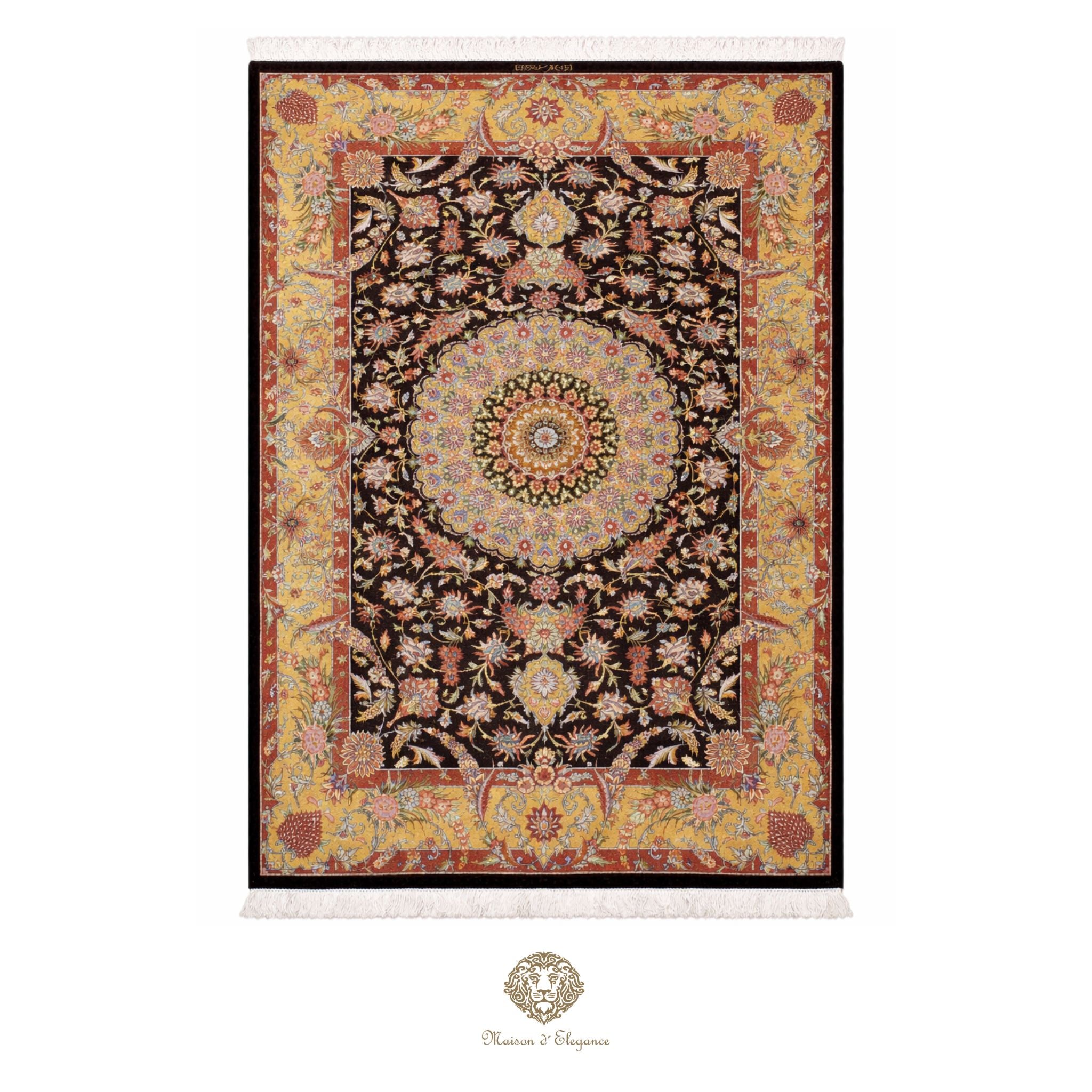 Alfombra persa exclusiva de seda pura, anudada a mano, teñida con tintes naturales, obra maestra con diseño de medallón, firmada, 95 x 152 cm.