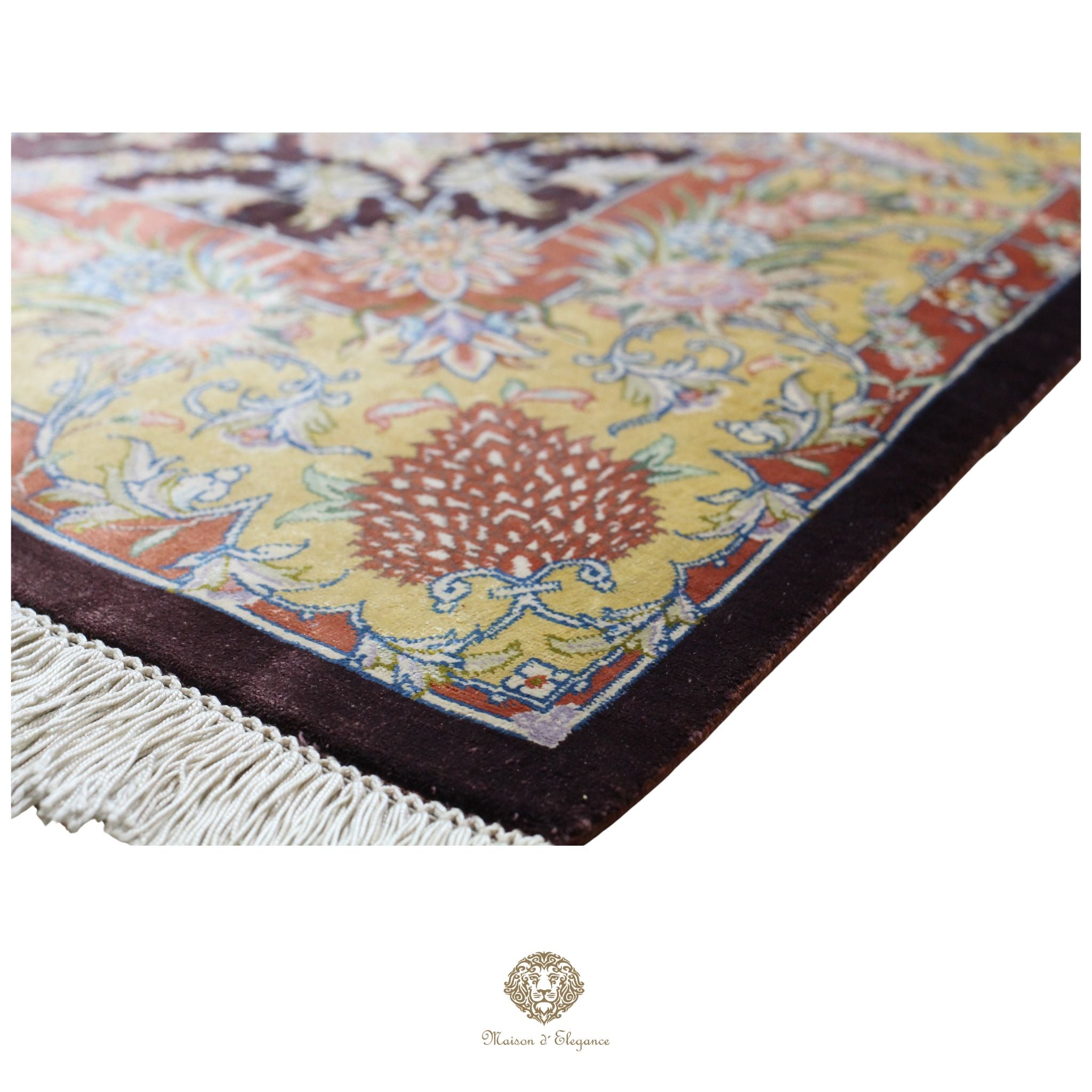 Alfombra persa exclusiva de seda pura, anudada a mano, teñida con tintes naturales, obra maestra con diseño de medallón, firmada, 95 x 152 cm.
