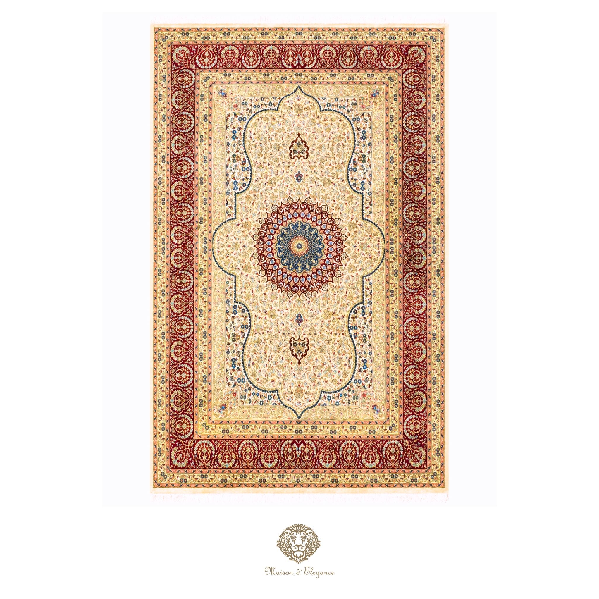 Decorative rug with intricate patterns on a green background