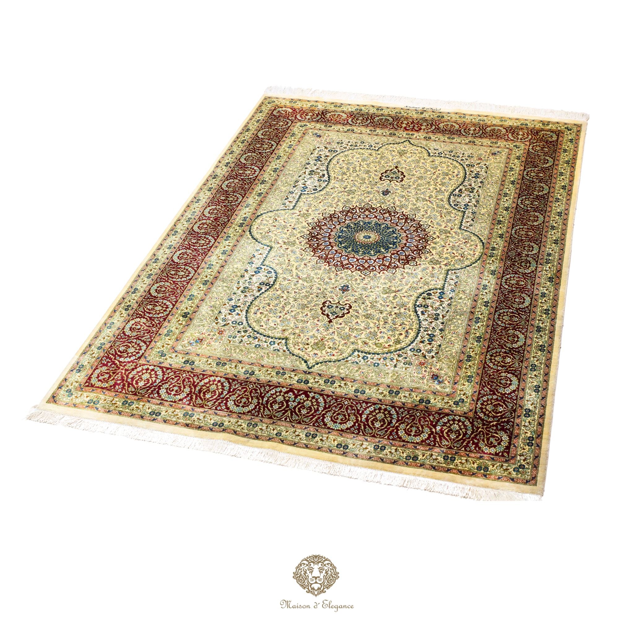 Decorative rug with intricate patterns on a green background