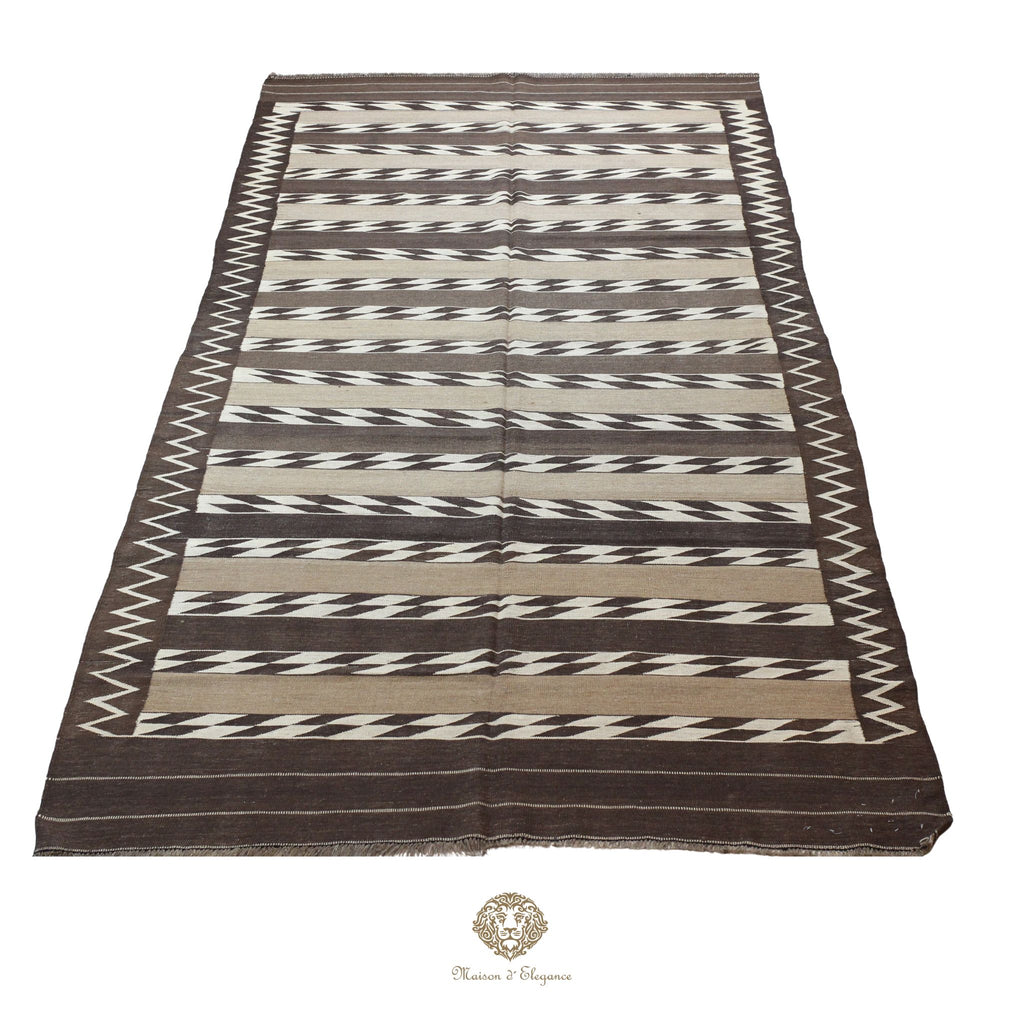 Alfombra Kilim Persa Qashqai Antigua Lana Natural Diseño Geométrico 178x393 cm