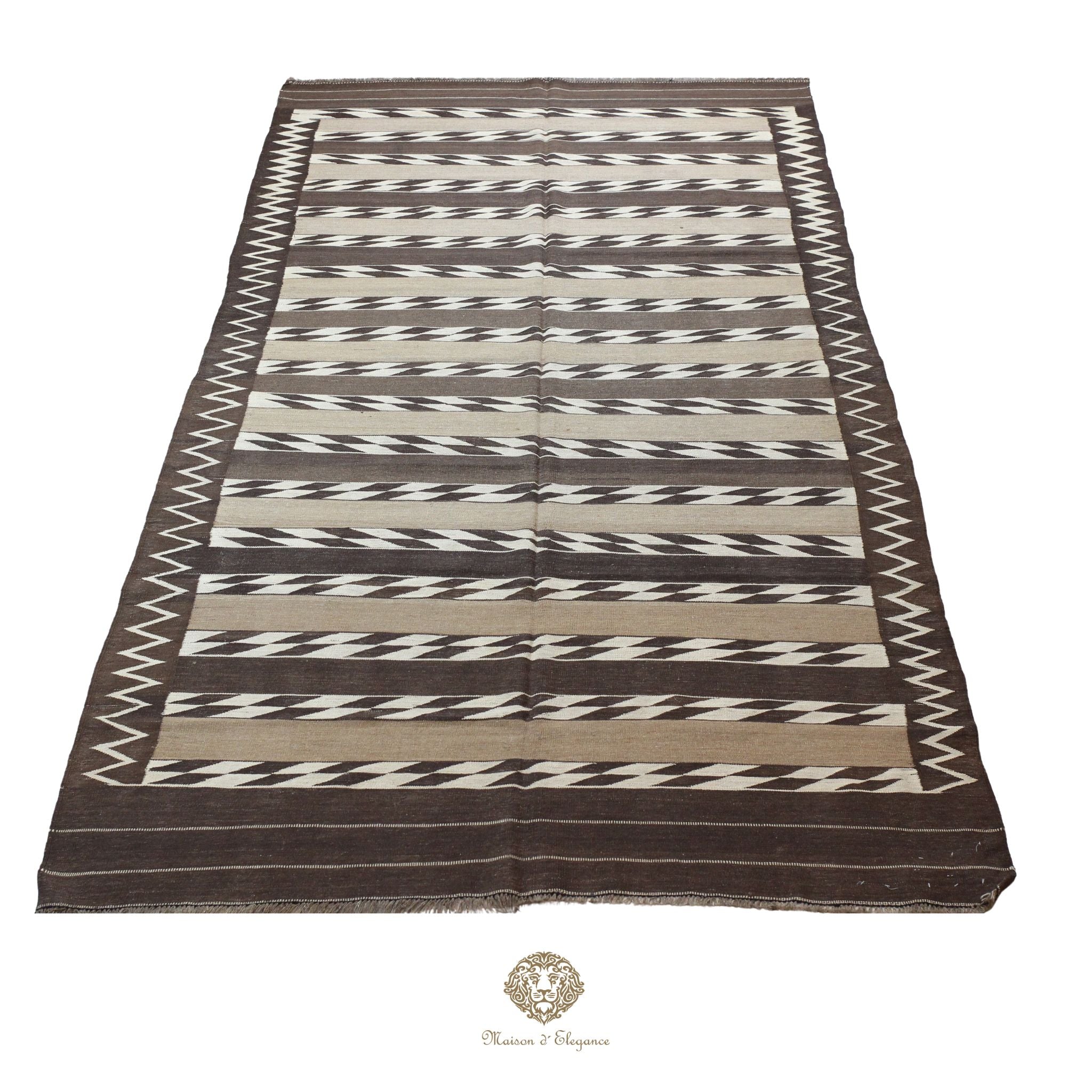 Alfombra Kilim Persa Qashqai Antigua Lana Natural Diseño Geométrico 178x393 cm