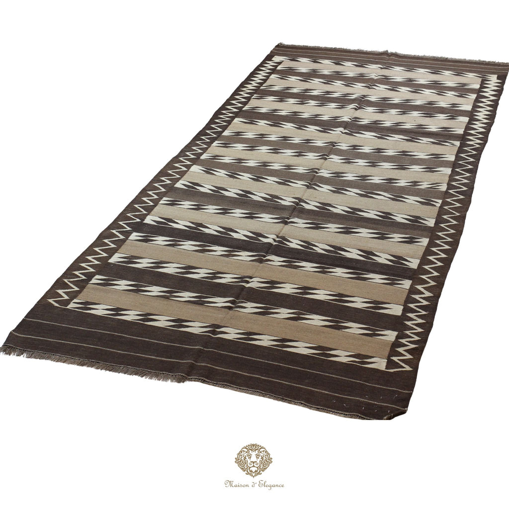 Alfombra Kilim Persa Qashqai Antigua Lana Natural Diseño Geométrico 178x393 cm