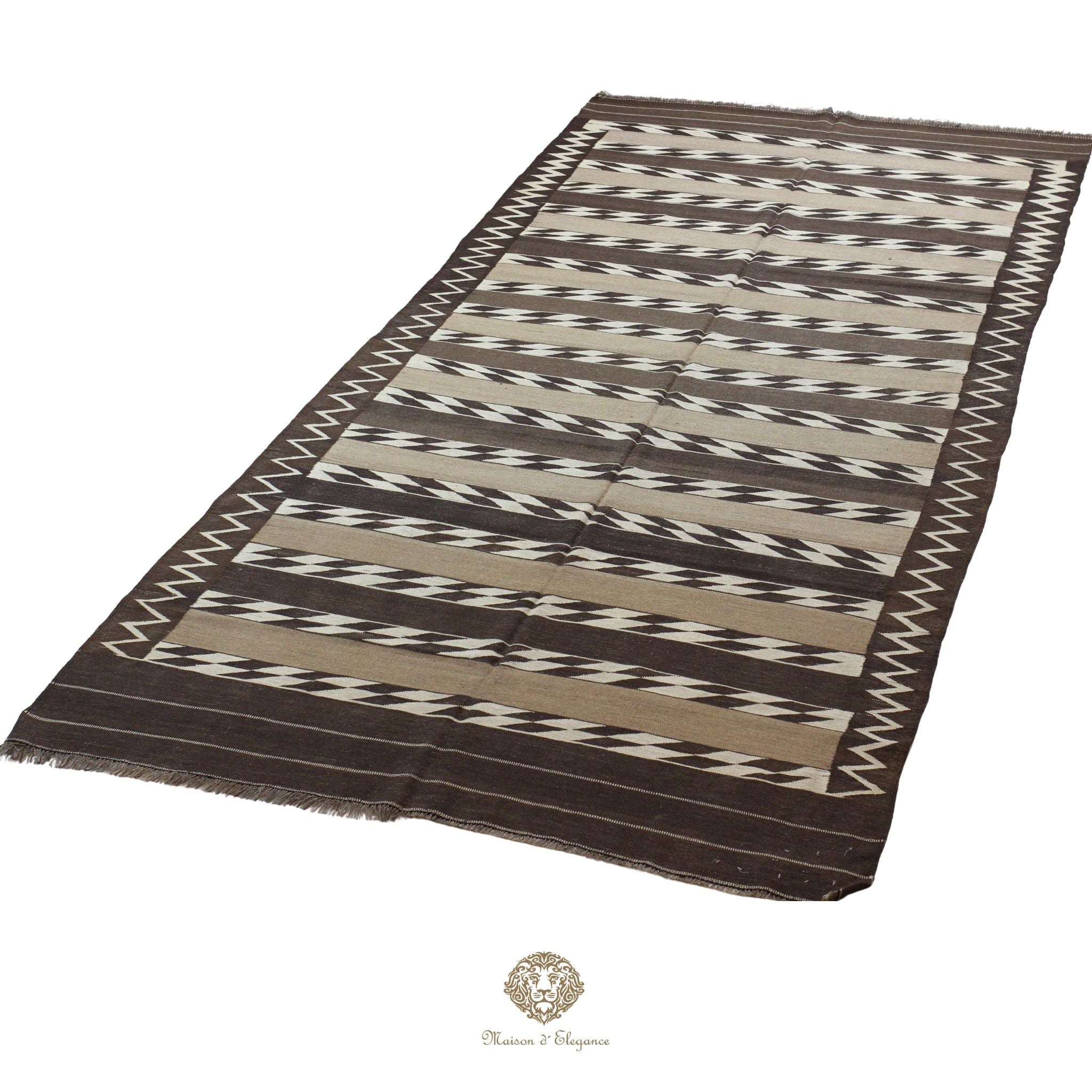 Alfombra Kilim Persa Qashqai Antigua Lana Natural Diseño Geométrico 178x393 cm