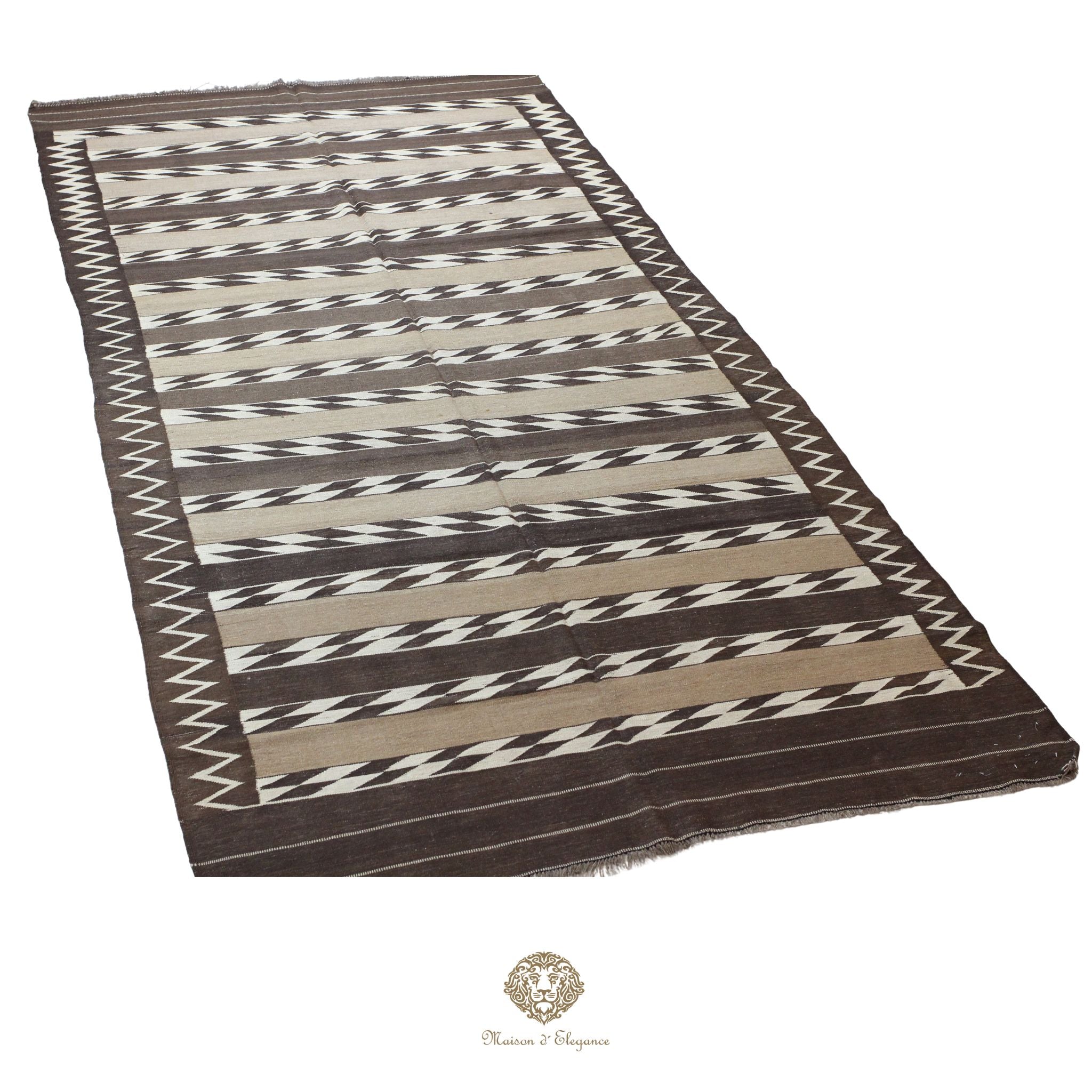 Alfombra Kilim Persa Qashqai Antigua Lana Natural Diseño Geométrico 178x393 cm