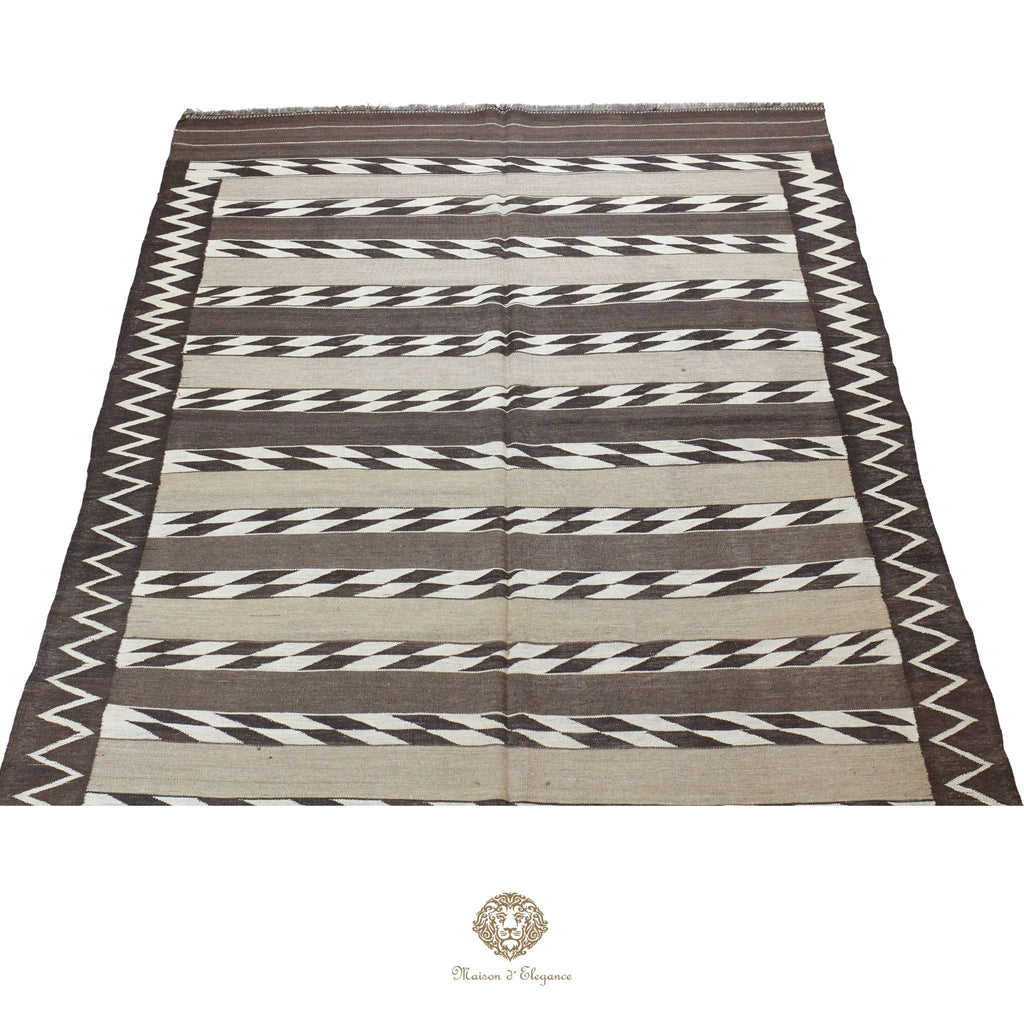 Alfombra Kilim Persa Qashqai Antigua Lana Natural Diseño Geométrico 178x393 cm