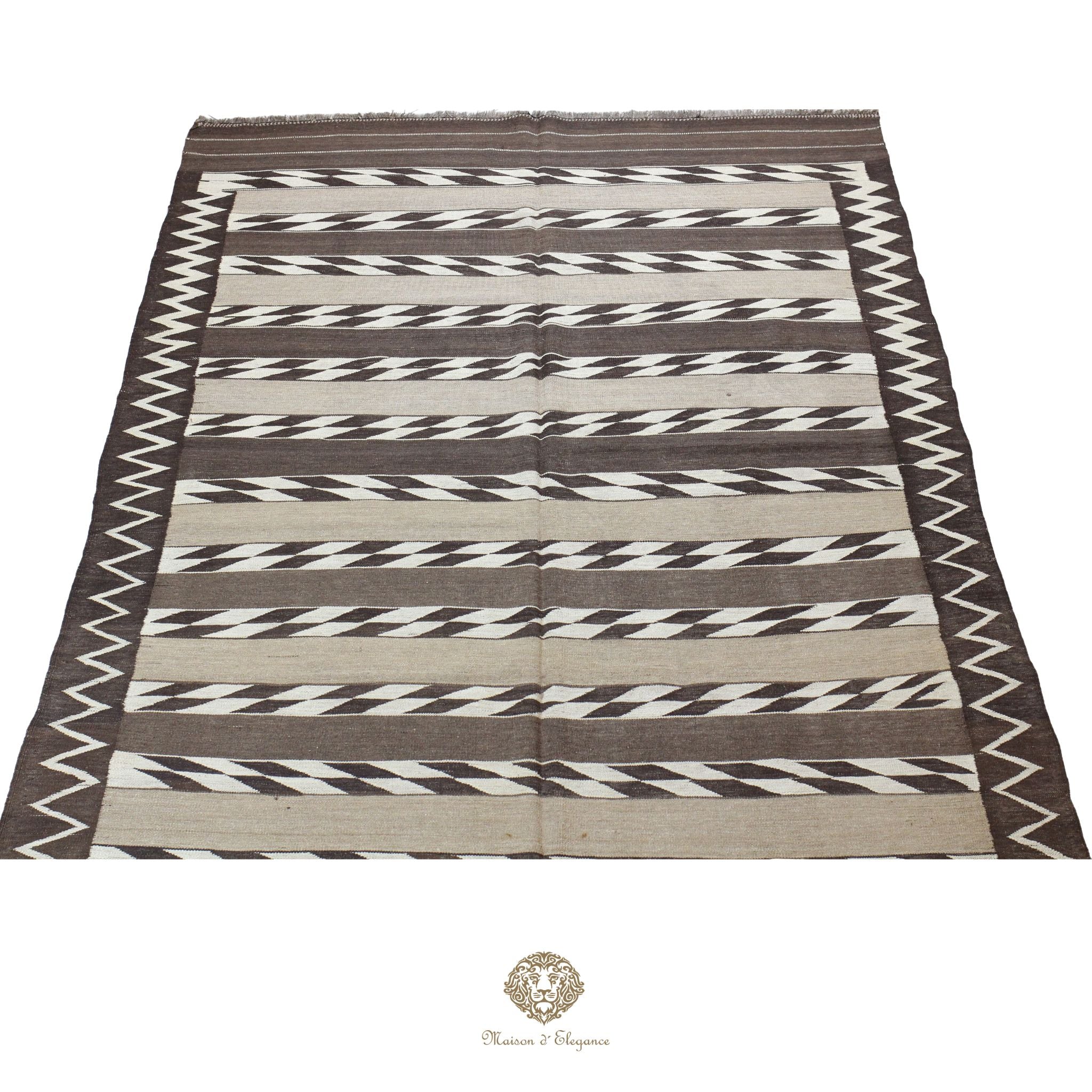 Alfombra Kilim Persa Qashqai Antigua Lana Natural Diseño Geométrico 178x393 cm