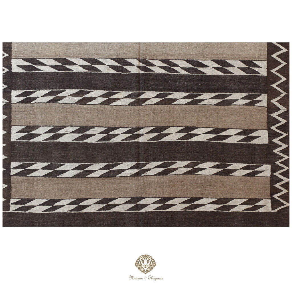 Alfombra Kilim Persa Qashqai Antigua Lana Natural Diseño Geométrico 178x393 cm