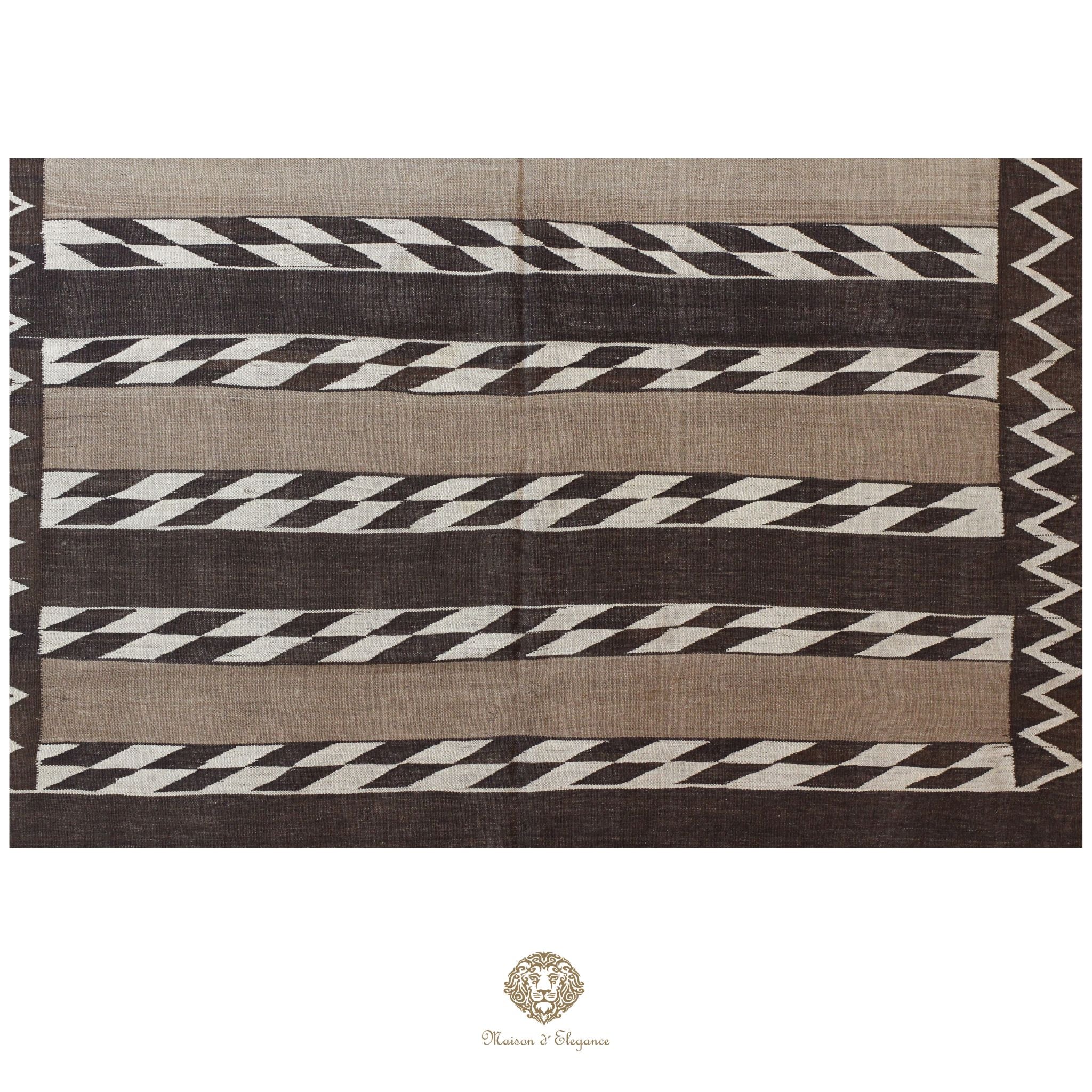 Alfombra Kilim Persa Qashqai Antigua Lana Natural Diseño Geométrico 178x393 cm