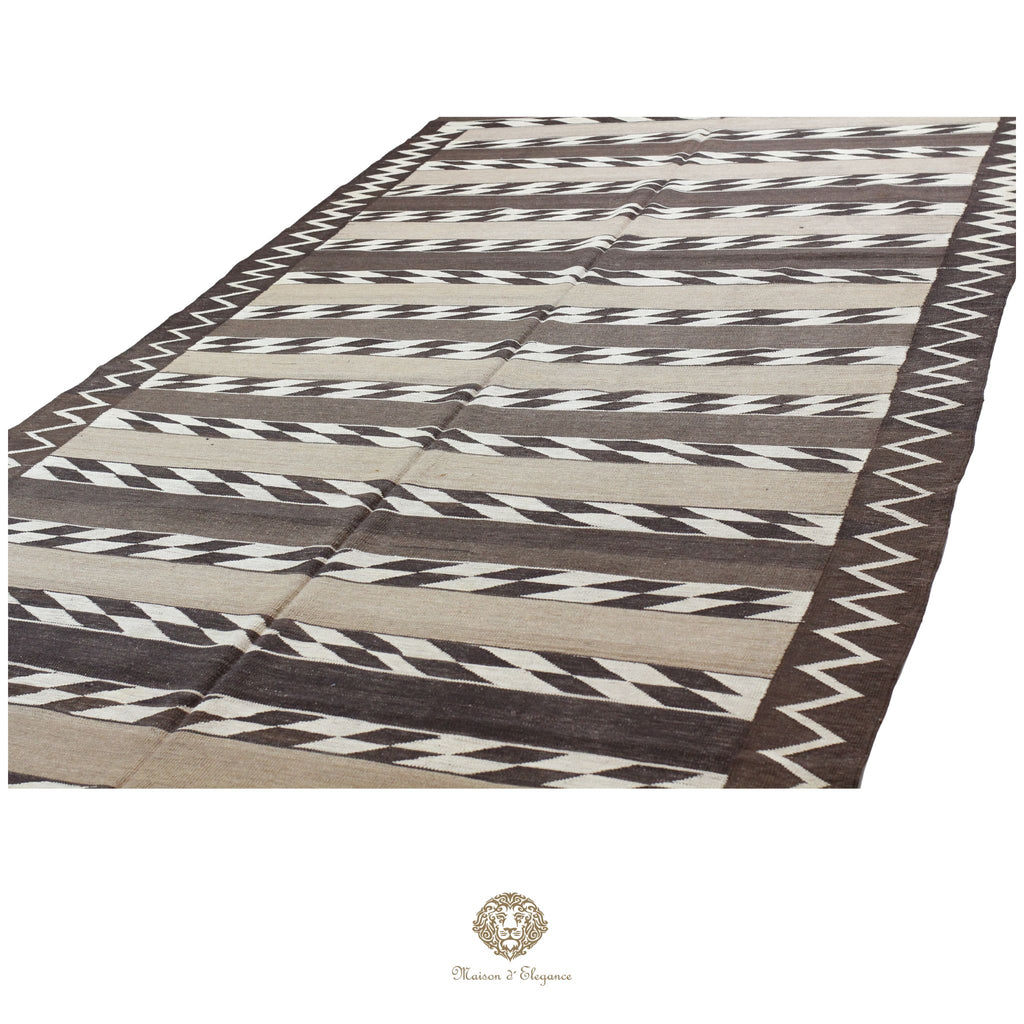 Alfombra Kilim Persa Qashqai Antigua Lana Natural Diseño Geométrico 178x393 cm
