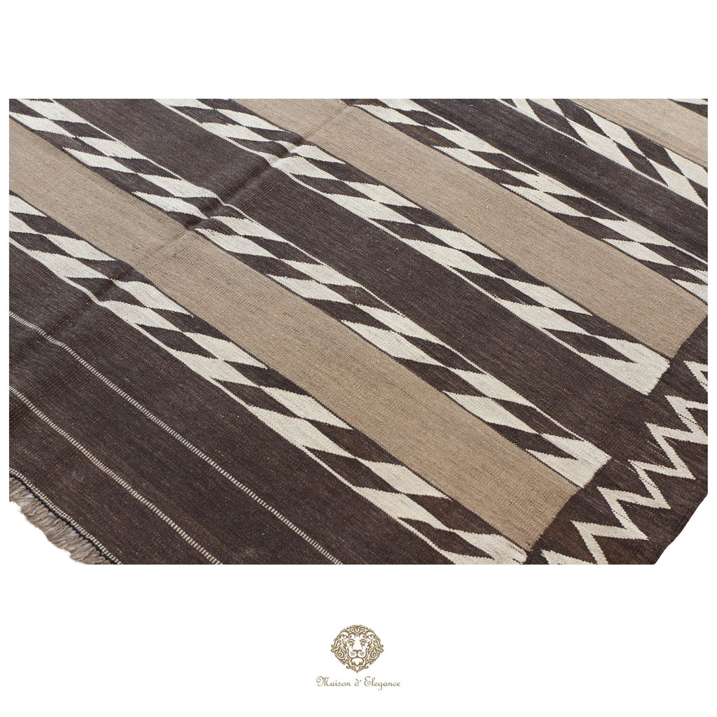 Alfombra Kilim Persa Qashqai Antigua Lana Natural Diseño Geométrico 178x393 cm