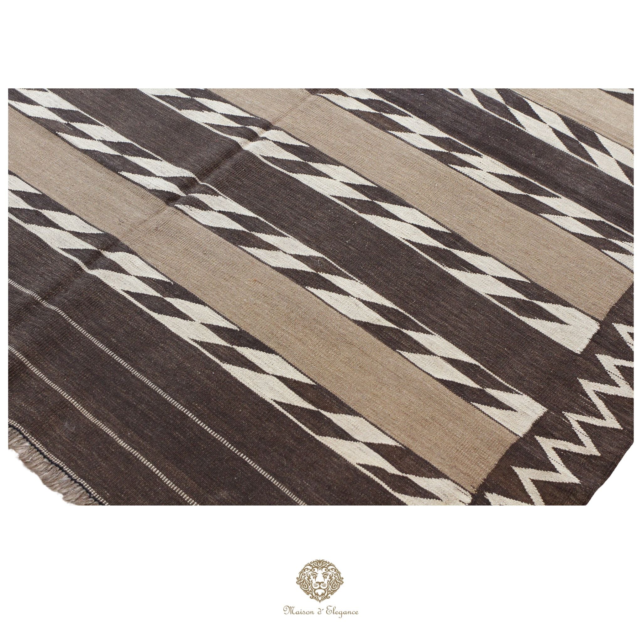 Alfombra Kilim Persa Qashqai Antigua Lana Natural Diseño Geométrico 178x393 cm