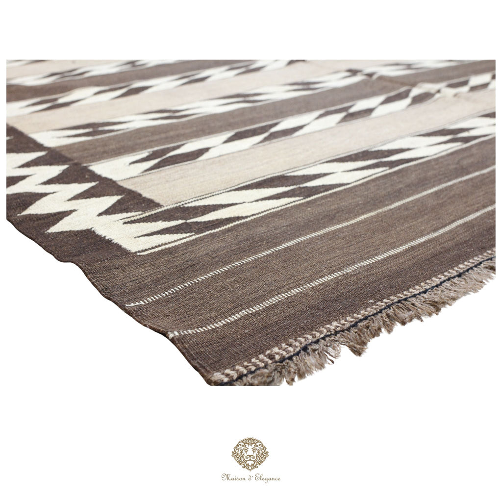 Alfombra Kilim Persa Qashqai Antigua Lana Natural Diseño Geométrico 178x393 cm