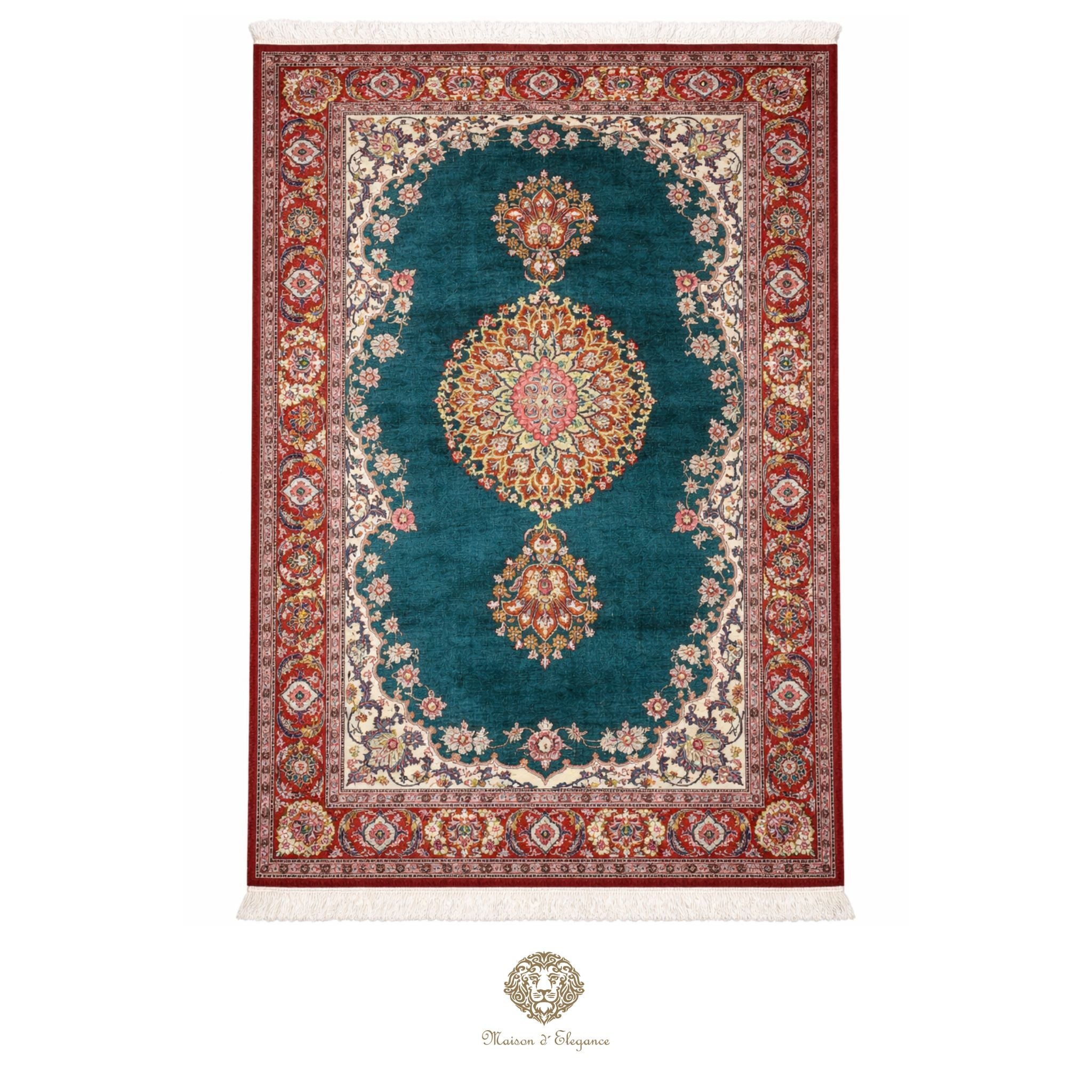 Decorative rug with intricate patterns on a turquesa background