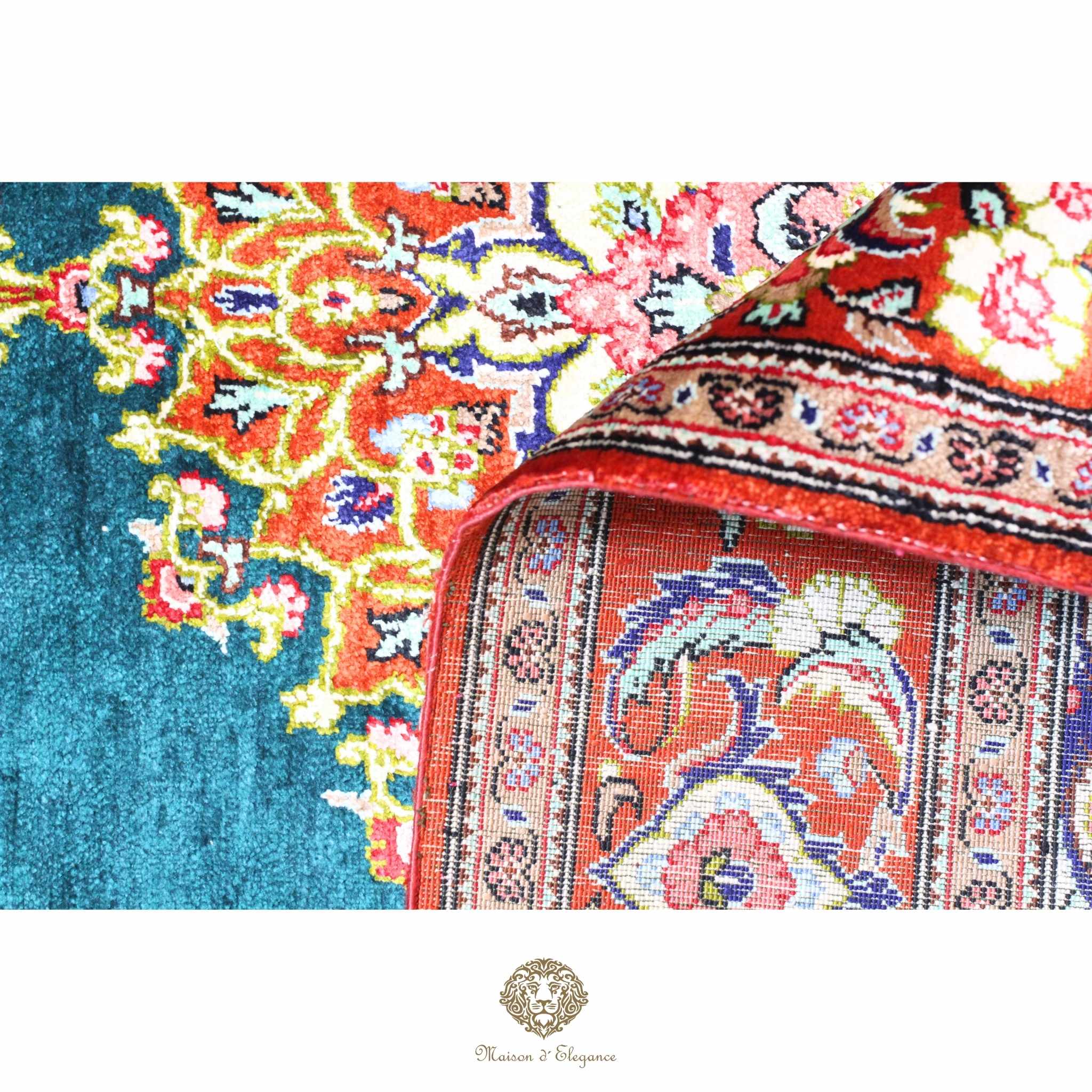 Close-up of a colorful patterned rug with intricate designs.