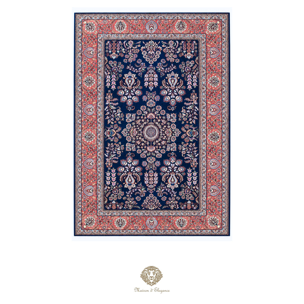 Decorative rug with intricate patterns on a navy background