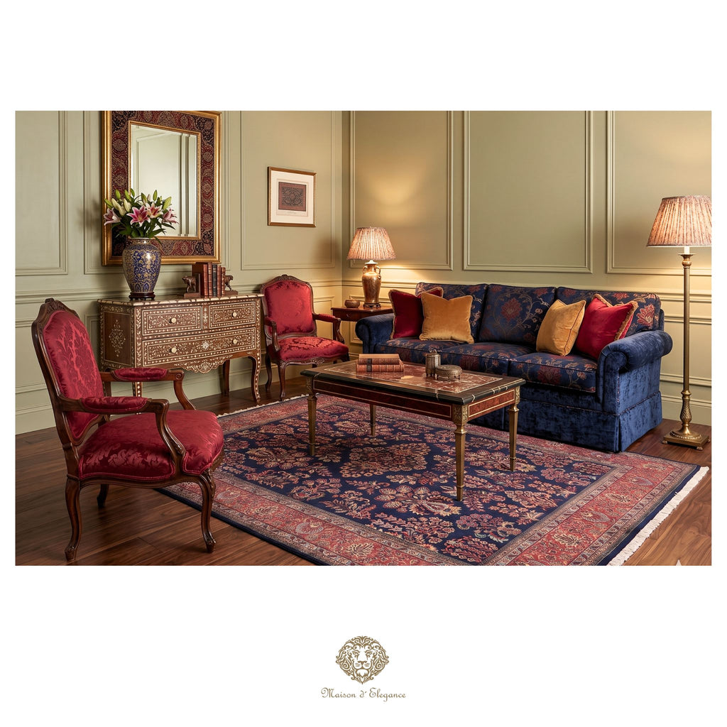 Luxurious living room with red and blue furniture, a coffee table, and decorative items.