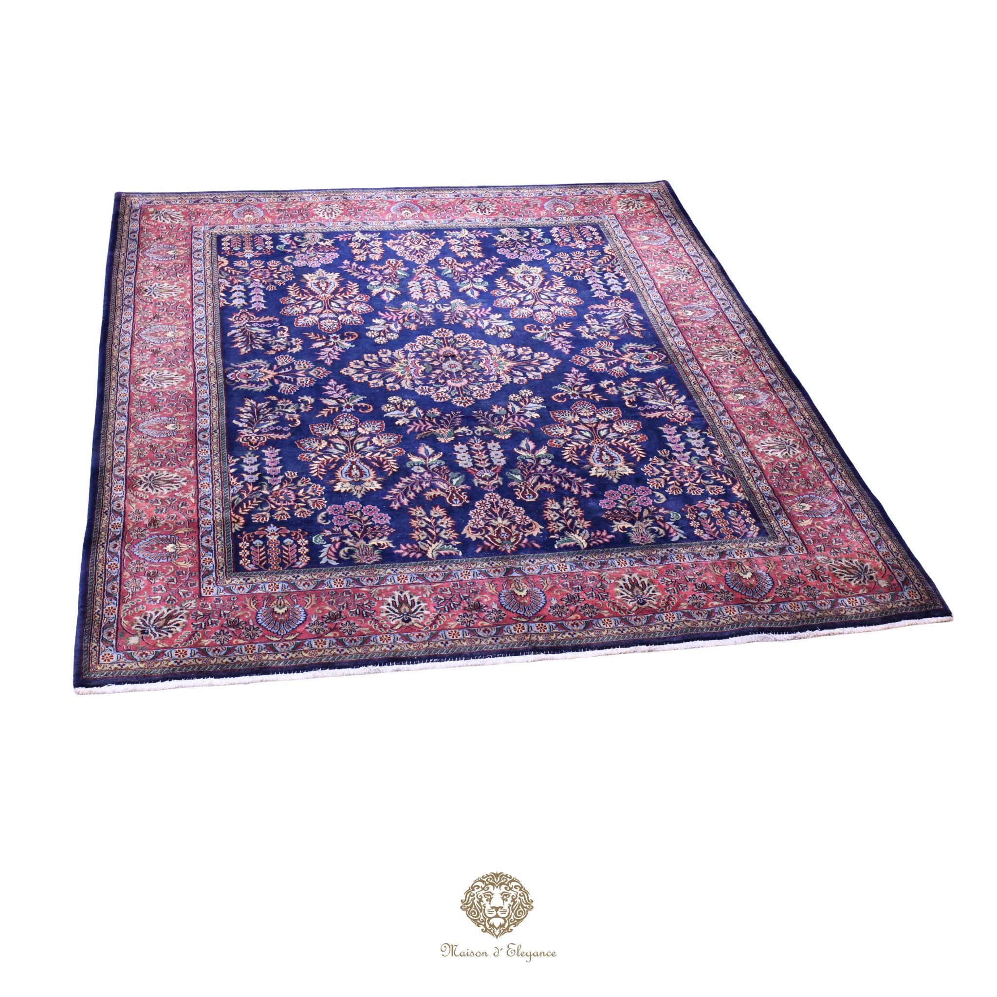 Decorative rug with intricate patterns on a navy background